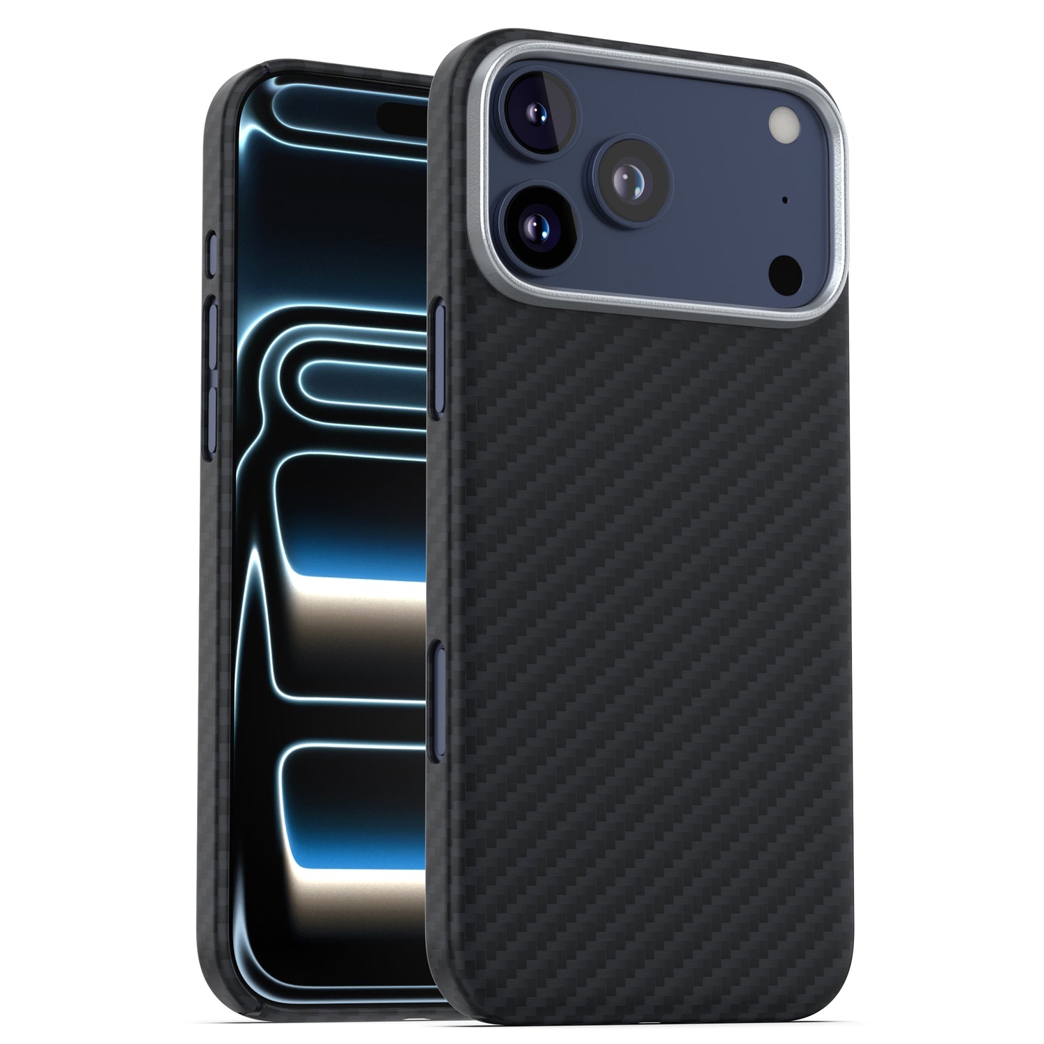 Das arktis iPhone 17 Pro Max Carbon Case von arktis ist MagSafe-kompatibel und wird auf einem Smartphone mit sichtbarem Bildschirm und rückwärtigem Kameramodul gezeigt.
