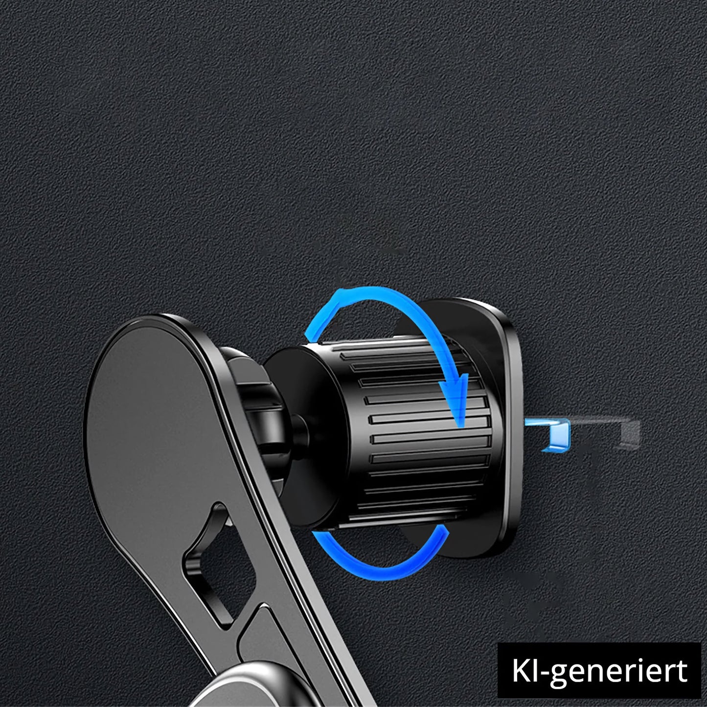 Eine Nahaufnahme eines schwarzen verstellbaren Knopfes, der an der ArktisPRO MagSafe Autohalterung gedreht wird, die auf einer strukturierten dunklen Oberfläche angebracht ist. KI-generiert.
