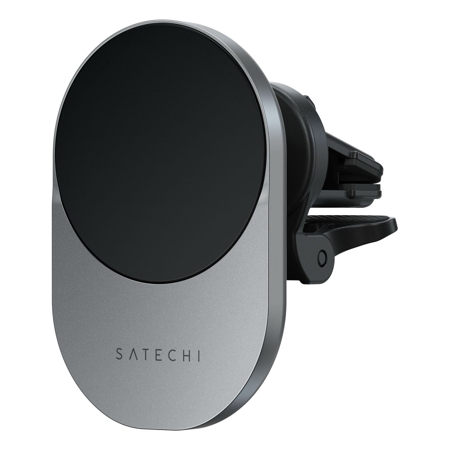 Satechi Qi2 Magnetic Wireless Car Charger, abgebildet in Silber und Schwarz aus einem seitlichen Blickwinkel. Diese MagSafe-kompatible Halterung ermöglicht einfaches magnetisches kabelloses Laden unterwegs.