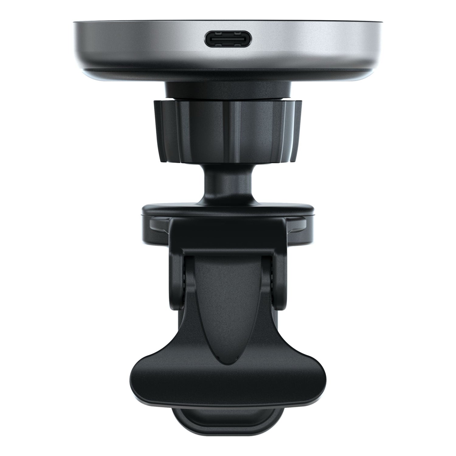 Die Satechi Qi2 Magnetic Wireless Car Charger Handyhalterung von Satechi verfügt über einen Clip und ein verstellbares Drehgelenk, dargestellt von vorne vor einem weißen Hintergrund.