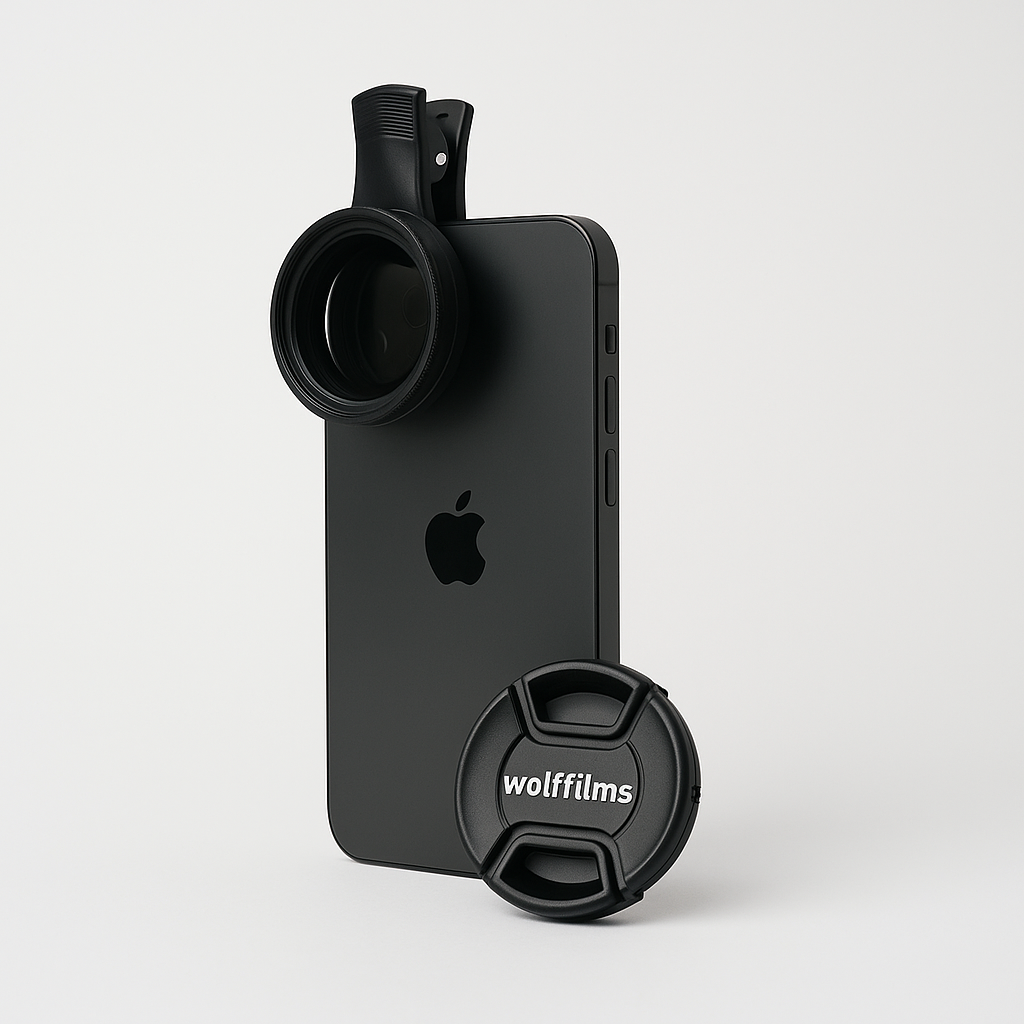 Ein schwarzes iPhone mit einem angebrachten Wolffilms CarLens PRO Polfilter für Smartphone (optisches Glas) und einem Wolffilms-Objektivdeckel daneben, alles auf weißem Hintergrund.