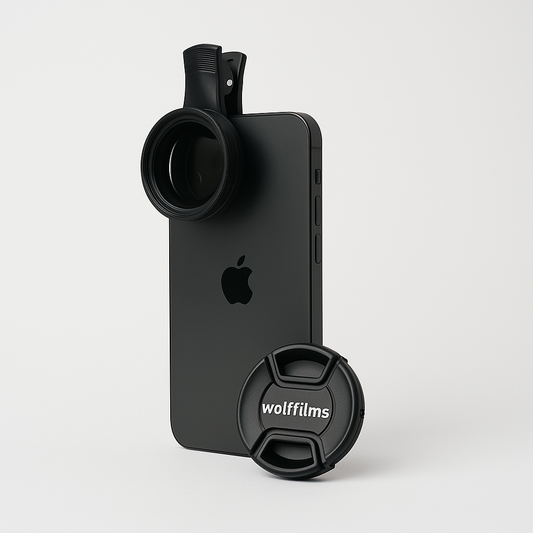 Ein schwarzes iPhone mit einem angebrachten Wolffilms CarLens PRO Polfilter für Smartphone (optisches Glas) und einem Wolffilms-Objektivdeckel daneben, alles auf weißem Hintergrund.