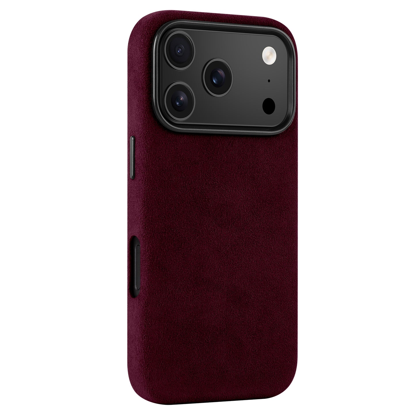 Die arktis iPhone 17 Pro Hülle aus Alcantara hat ein burgunderrotes Velourslederdesign mit schwarzem Kameraausschnitt, schräg von hinten gesehen - Premiumschutz von arktis.
