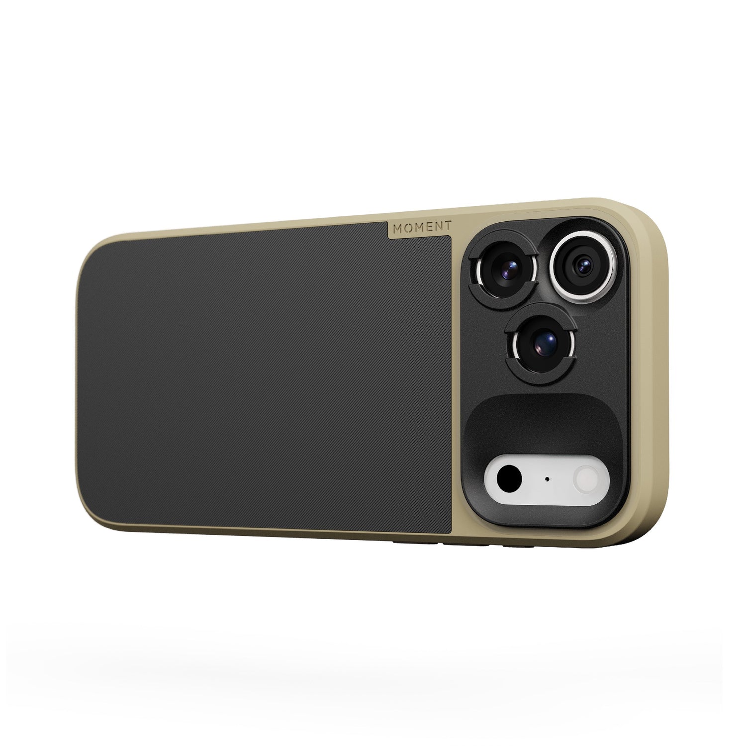 Das MOMENT Moment iPhone 17 Pro Max Camera Case MagSafe in Beige und Schwarz wurde entwickelt, um die Kamerafunktionen zu verbessern und verfügt über drei an den Ecken angebrachte Kameralinsen.