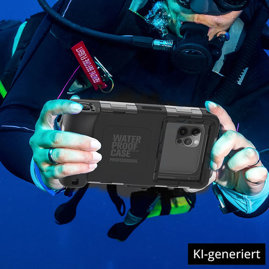 Ein Taucher hält unter Wasser die wasserdichte iPhone-Tauchertasche von arktis, umgeben von Tauchausrüstung und blauem Wasser. KI-generiert.