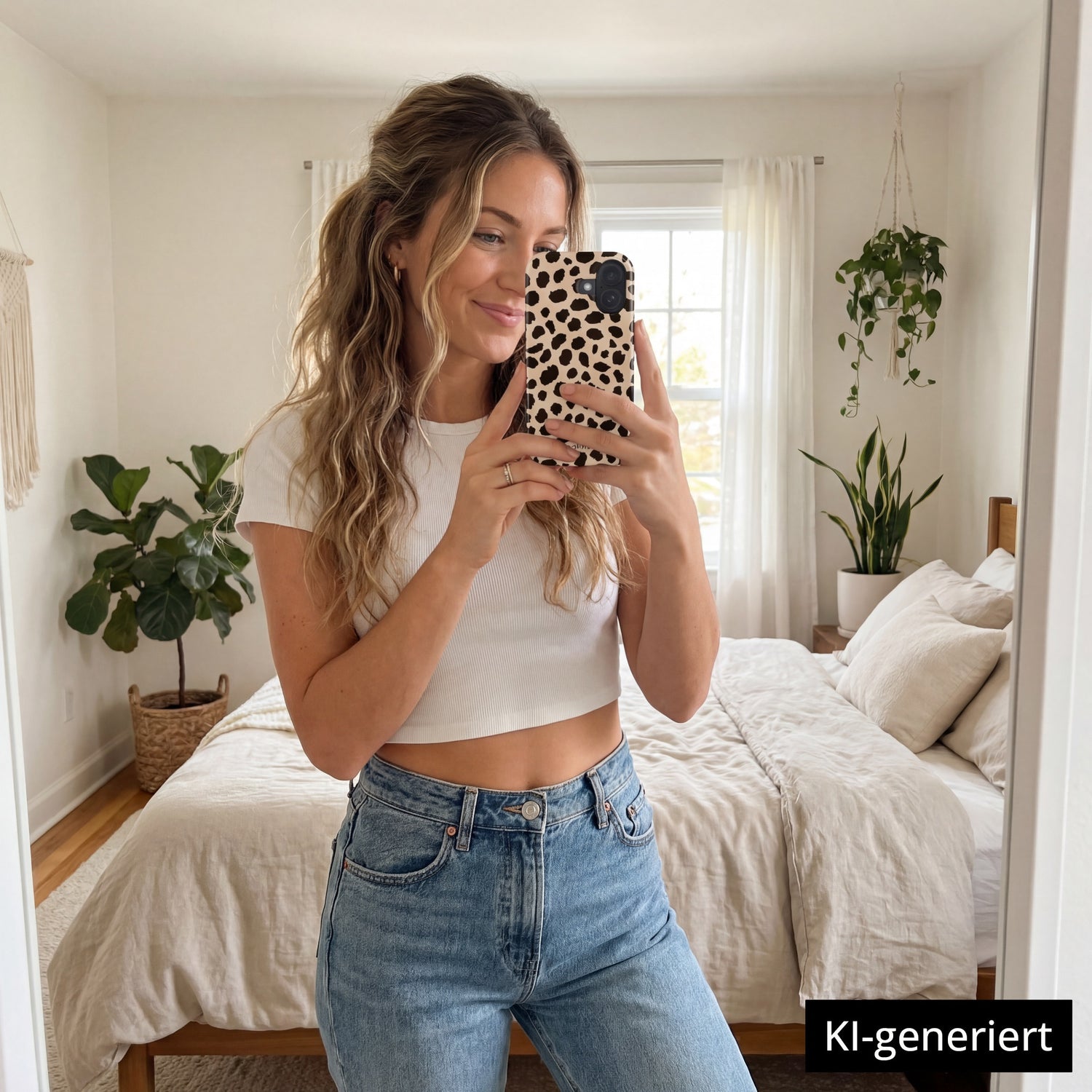 Eine Frau macht ein Spiegel-Selfie mit ihrem arktis iPhone 14 Pro Hülle - Cheetah in einem hellen, gemütlichen, mit Pflanzen und beiger Bettwäsche dekorierten Schlafzimmer. KI-generiert.