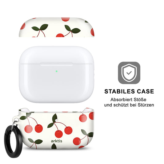 Die arktis AirPods Pro 3 Hülle – Cherry verfügt über ein Design in Kirschrot, einen schwarzen Schlüsselring, ein Sicherheitssymbol auf dem Etui sowie deutsche Beschriftung und unterstützt kabelloses Laden für bequemes Aufladen.