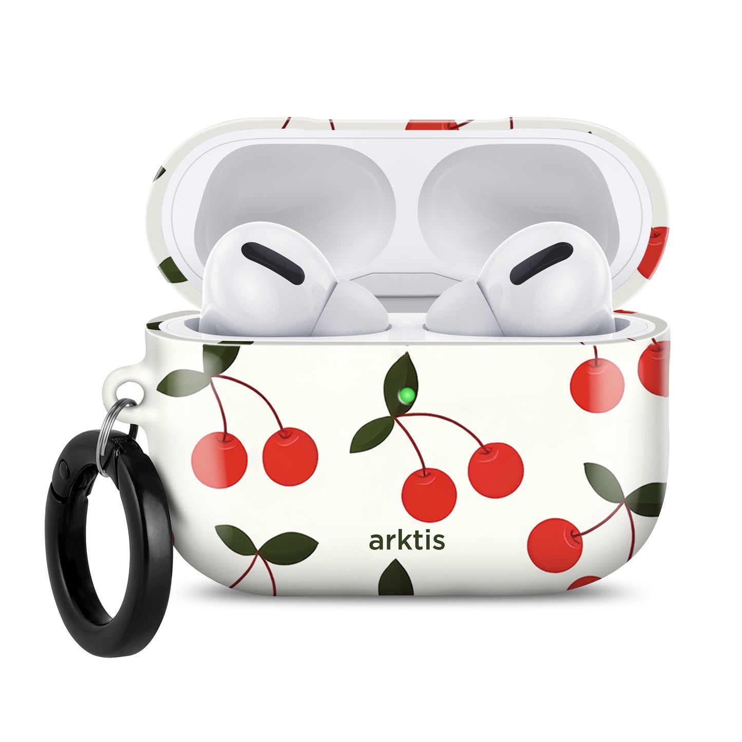 Weiße kabellose Ohrhörer in einer arktis AirPods Pro 3-Hülle – Cherry-Etui mit schwarzem Schlüsselring, beschriftet mit „arktis“. Das Etui unterstützt kabelloses Laden für eine einfache Aufladung.