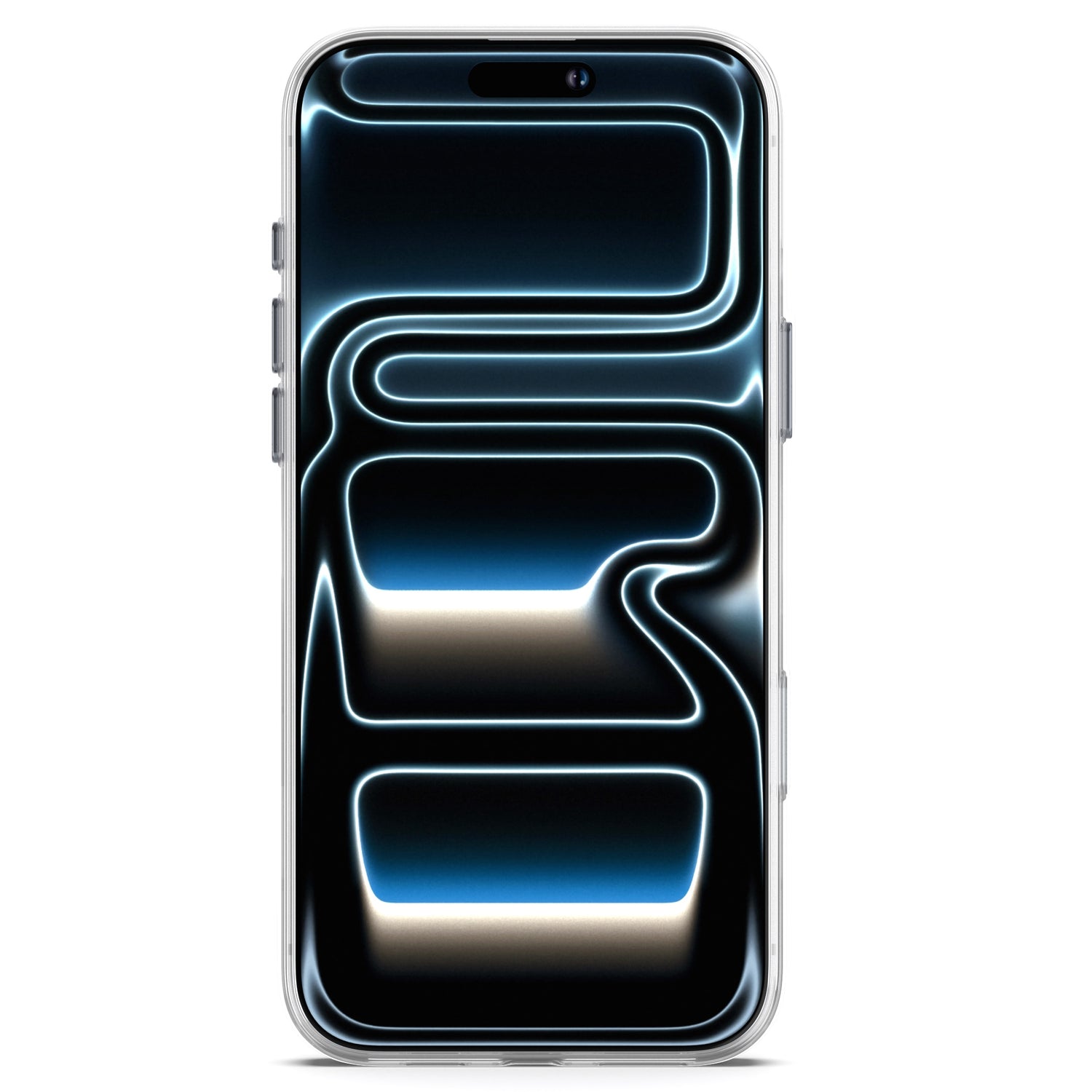 Ein Smartphone mit einem leuchtenden abstrakten blau-schwarzen Muster auf dem Bildschirm, geschützt durch das arktis iPhone 17 Pro Max Clear Case mit MagSafe von arktis.