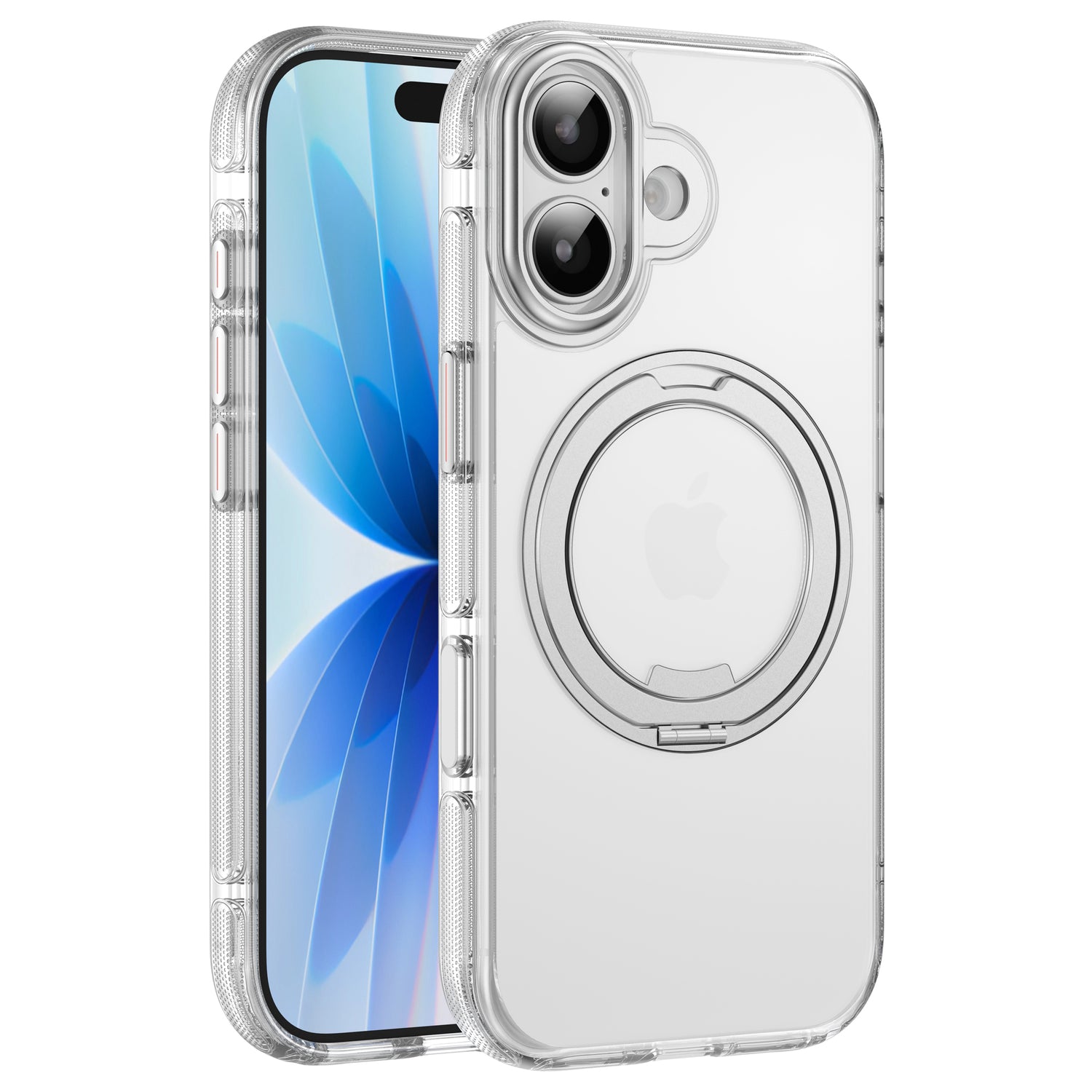 Die arktis iPhone 17 GripCase von arktis ist eine klare Hülle mit 360°-Ring und MagSafe-Kompatibilität, die auf dem Display ein blaues Blumen-Wallpaper zeigt.