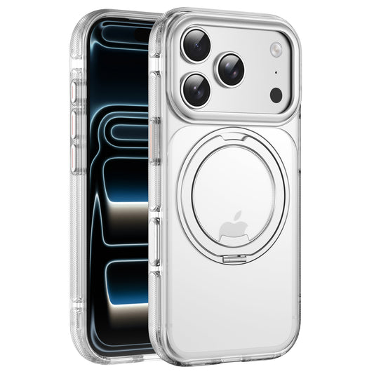 Das arktis iPhone 17 Pro Max GripCase, eine durchsichtige MagSafe-kompatible Hülle von arktis, wird auf einem iPhone gezeigt und zeigt sowohl die Vorder- als auch die Rückseite des Geräts.