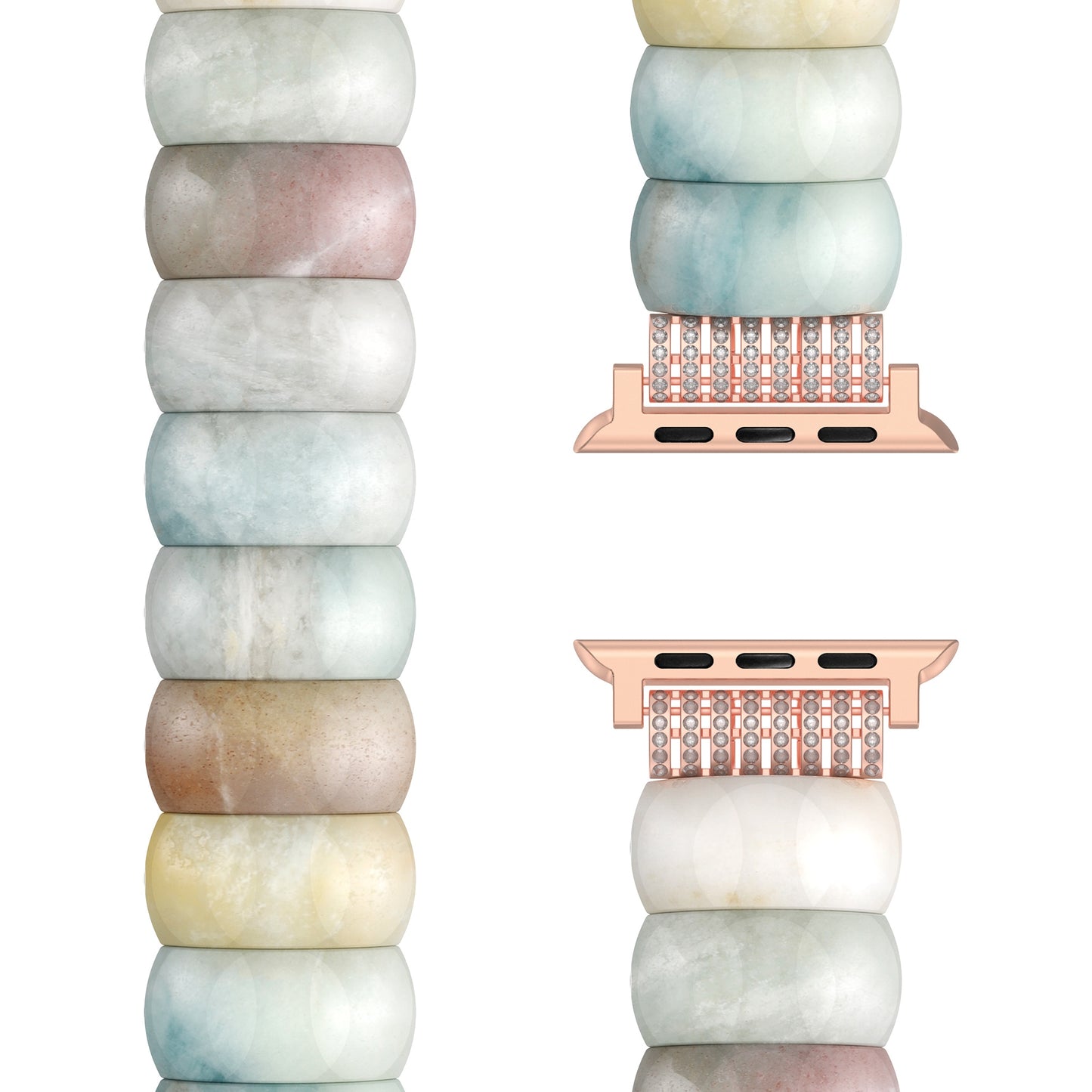 Vier arktisband Apple Watch "Stone Pearl" Armbänder von arktisband, mit pastellfarbenen Edelsteinen, roségoldenen Anschlüssen und dehnbarem Gummizug-Verschluss, vertikal auf weißem Hintergrund.