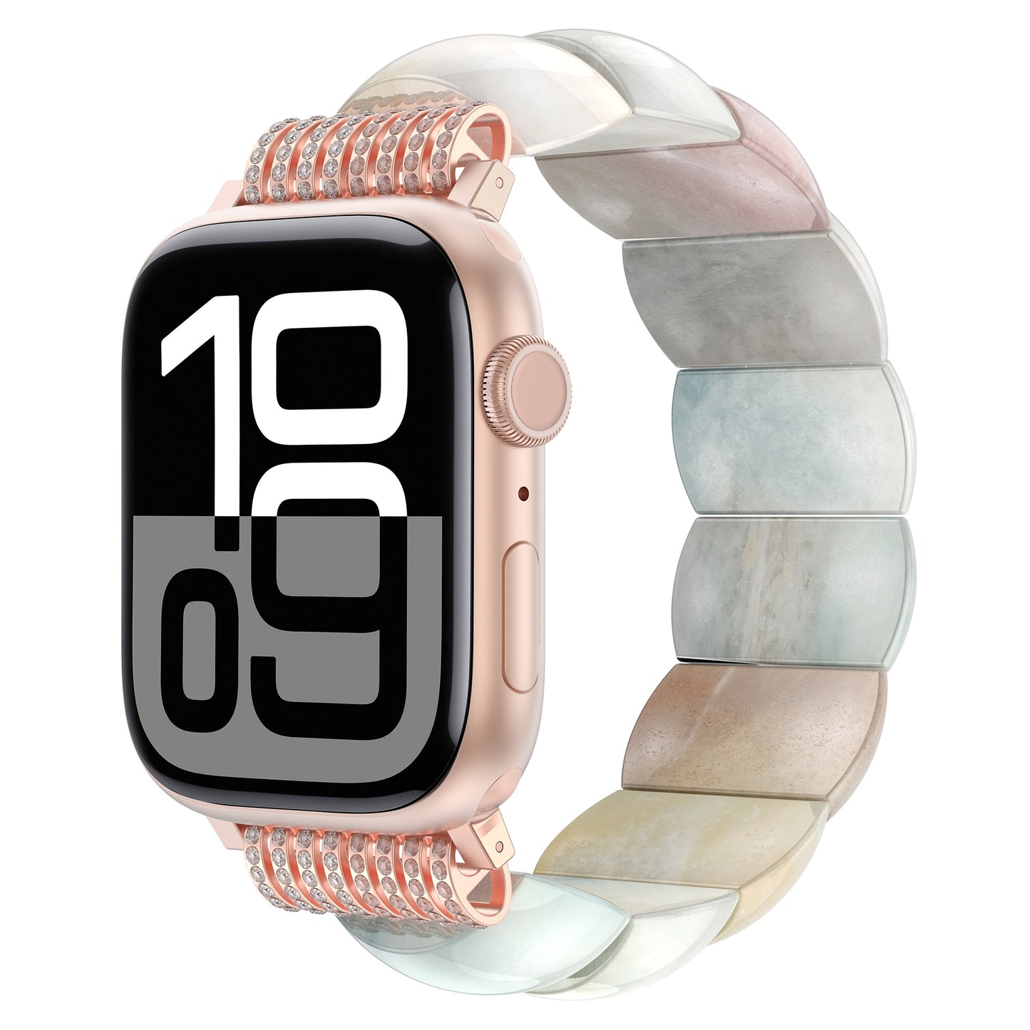 Die arktisband Apple Watch "Stone Pearl" kombiniert ein roségoldenes Gehäuse, ein großes digitales Display und ein Naturstein-Armband mit pastellfarbenem Marmormuster mit einem dehnbaren Gummizug-Verschluss für einfaches, stilvolles Tragen von arktisband.