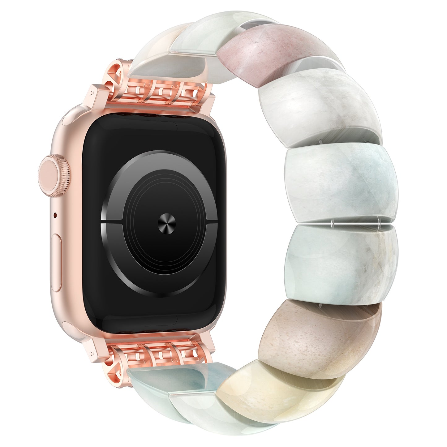 Die arktisband Apple Watch "Stone Pearl" von arktisband zeichnet sich durch ein roségoldenes Finish, glatte, mehrfarbige, steinähnliche Glieder und einen dehnbaren Gummizug-Verschluss aus, der das Tragen erleichtert.
