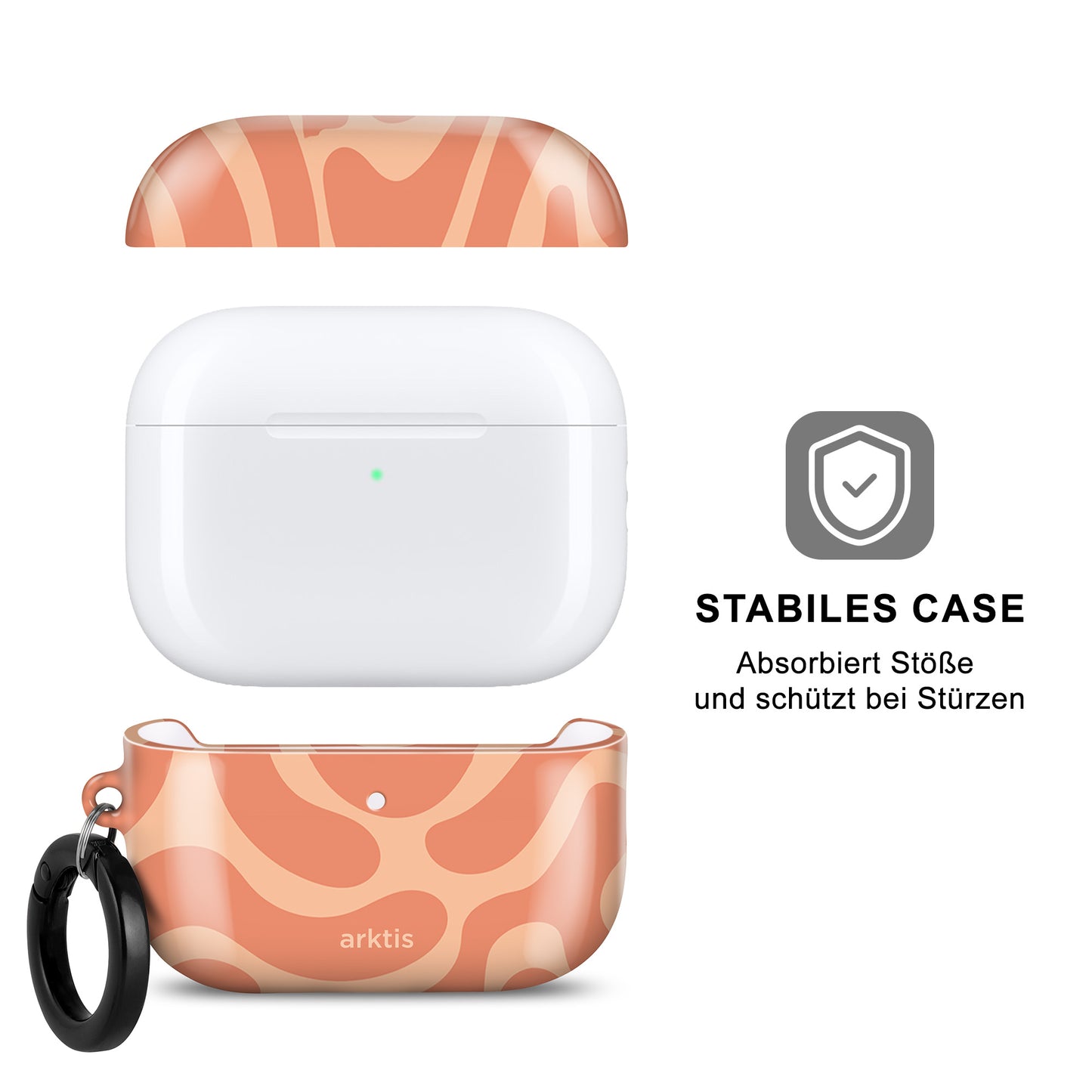 Arktis AirPods Pro 3 Hülle – Curly: Rosa gemusterte Hülle, schwarzer Schlüsselring, solider Schutz und kabelloses Laden für mehr Komfort.