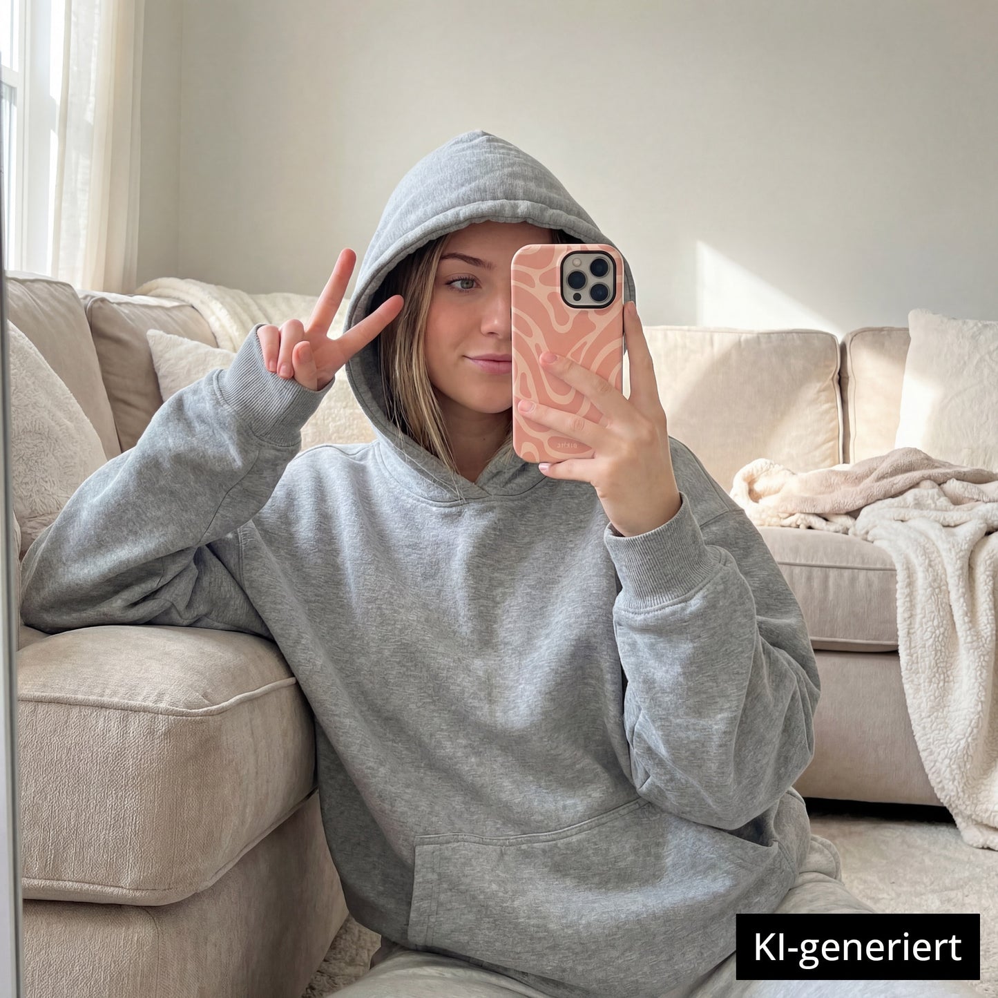 Eine Person in einem grauen Kapuzenpulli macht ein Spiegel-Selfie auf einem beigen Sofa, zeigt ein Peace-Zeichen und zeigt ihr arktis iPhone 15 Pro Hülle - Curly. KI-generiert.