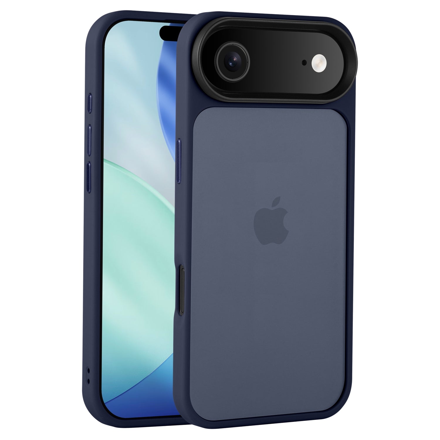 Ein blaues iPhone mit einer passenden minimalistischen Arktis iPhone Air Solid Hülle im Matt-Look, die sowohl den Bildschirm als auch das Apple-Logo auf der Rückseite zeigt.