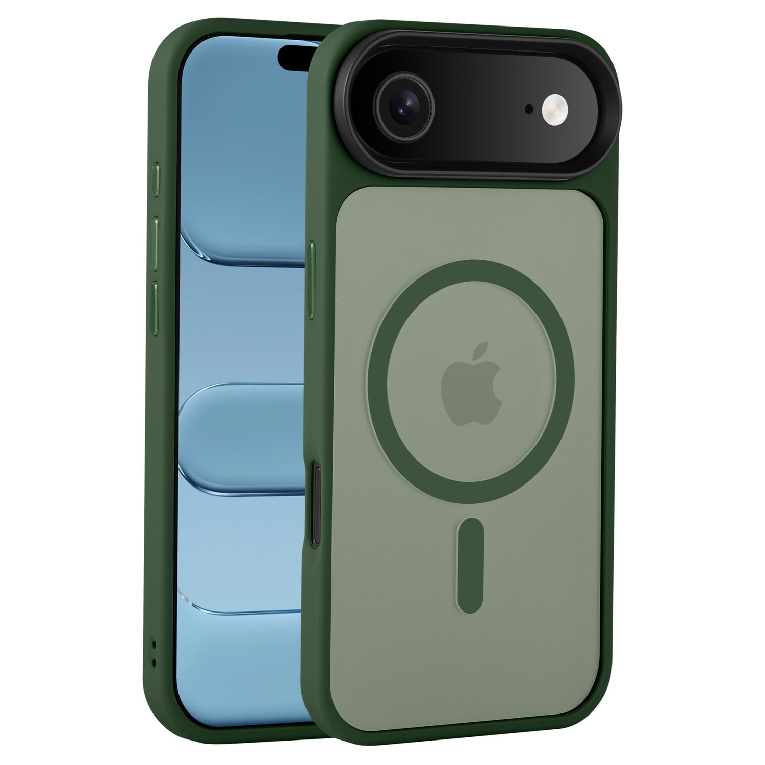 Das arktis iPhone Air Solid Case mit MagSafe von Arktis in Grün wird auf einem blauen iPhone präsentiert.