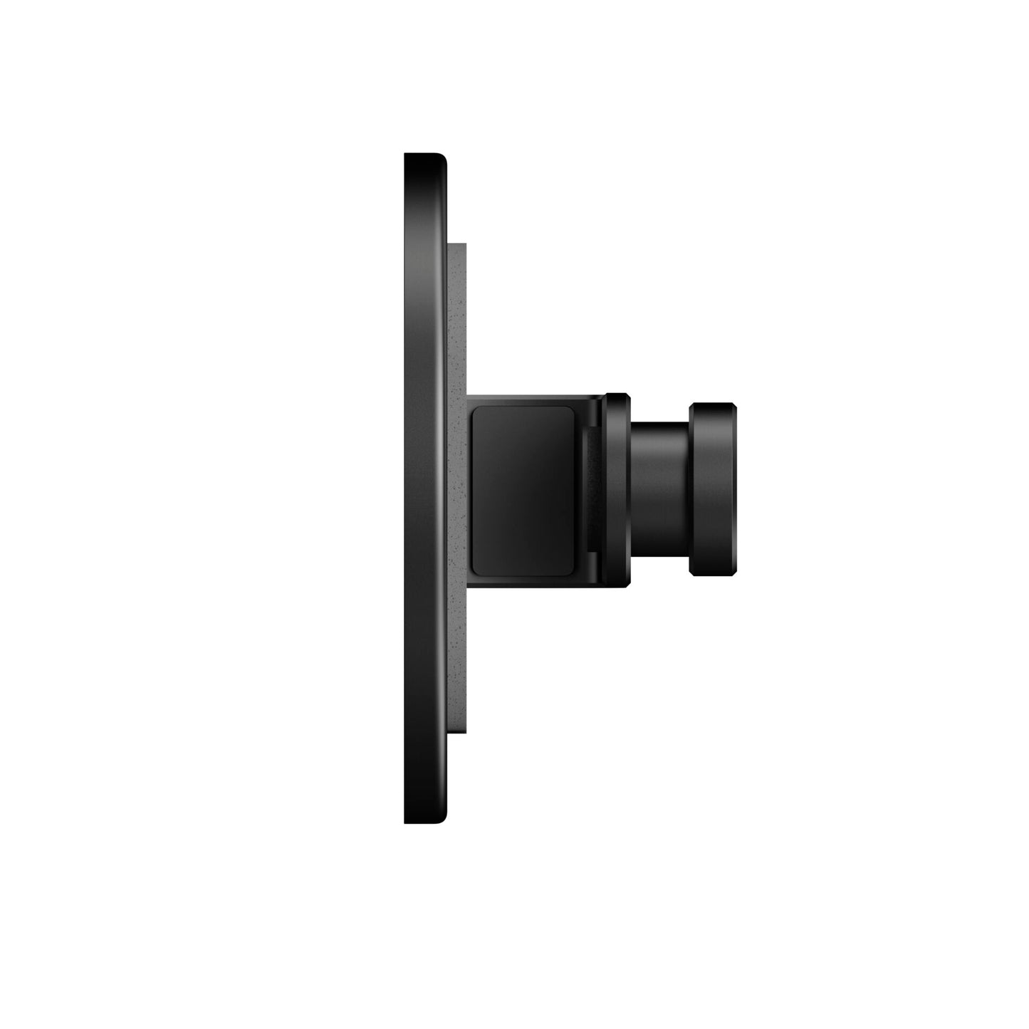 Seitenansicht einer schwarzen, runden intelligenten Türklingel mit einer rechteckigen Kamera, die mit der MOMENT 67 mm Universal Phone Case kompatibler Filterhalterung für verbesserte Bildqualität kompatibel ist.