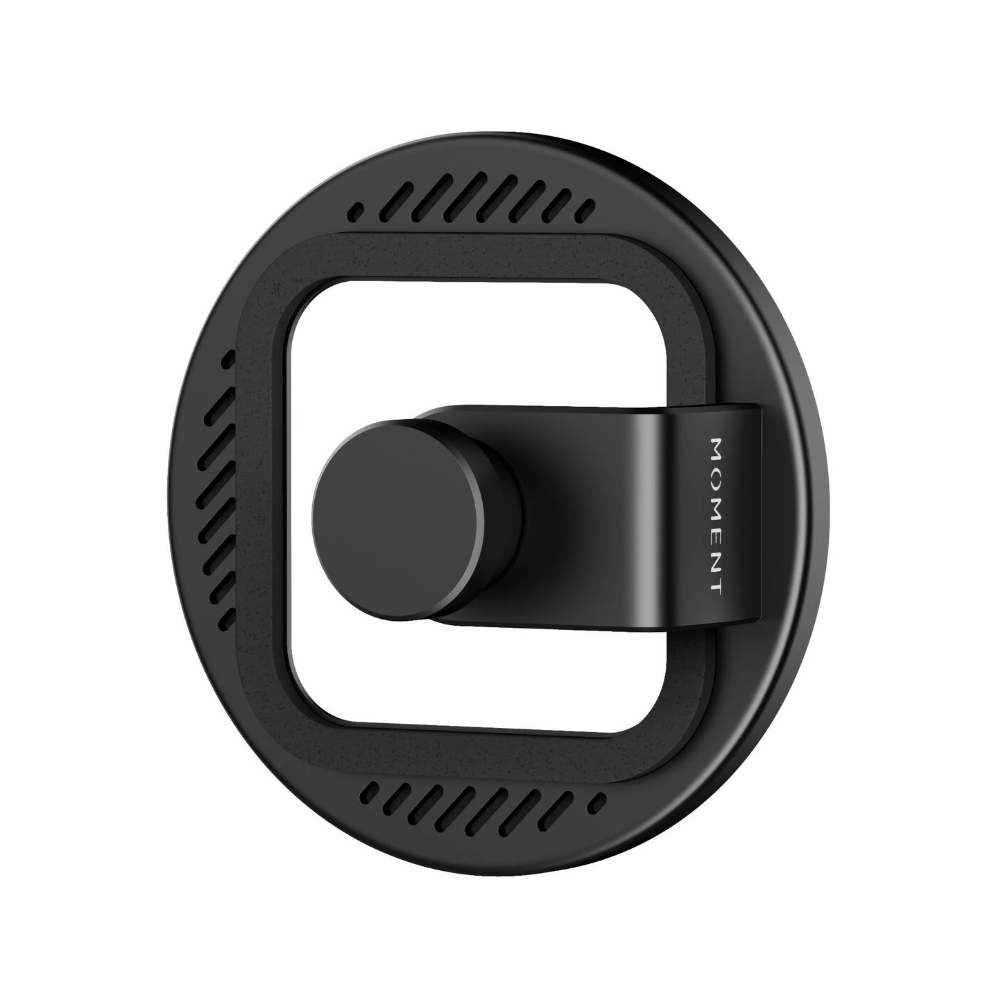 Die MOMENT 67 mm Universal Phone Case kompatibler Filter Mount ist eine schwarze, runde und quadratische Handyhalterung mit Moment-Branding, die für die Befestigung von 67-mm-Smartphone-Kamera-Filtern konzipiert ist. Abgebildet auf einem weißen Hintergrund.