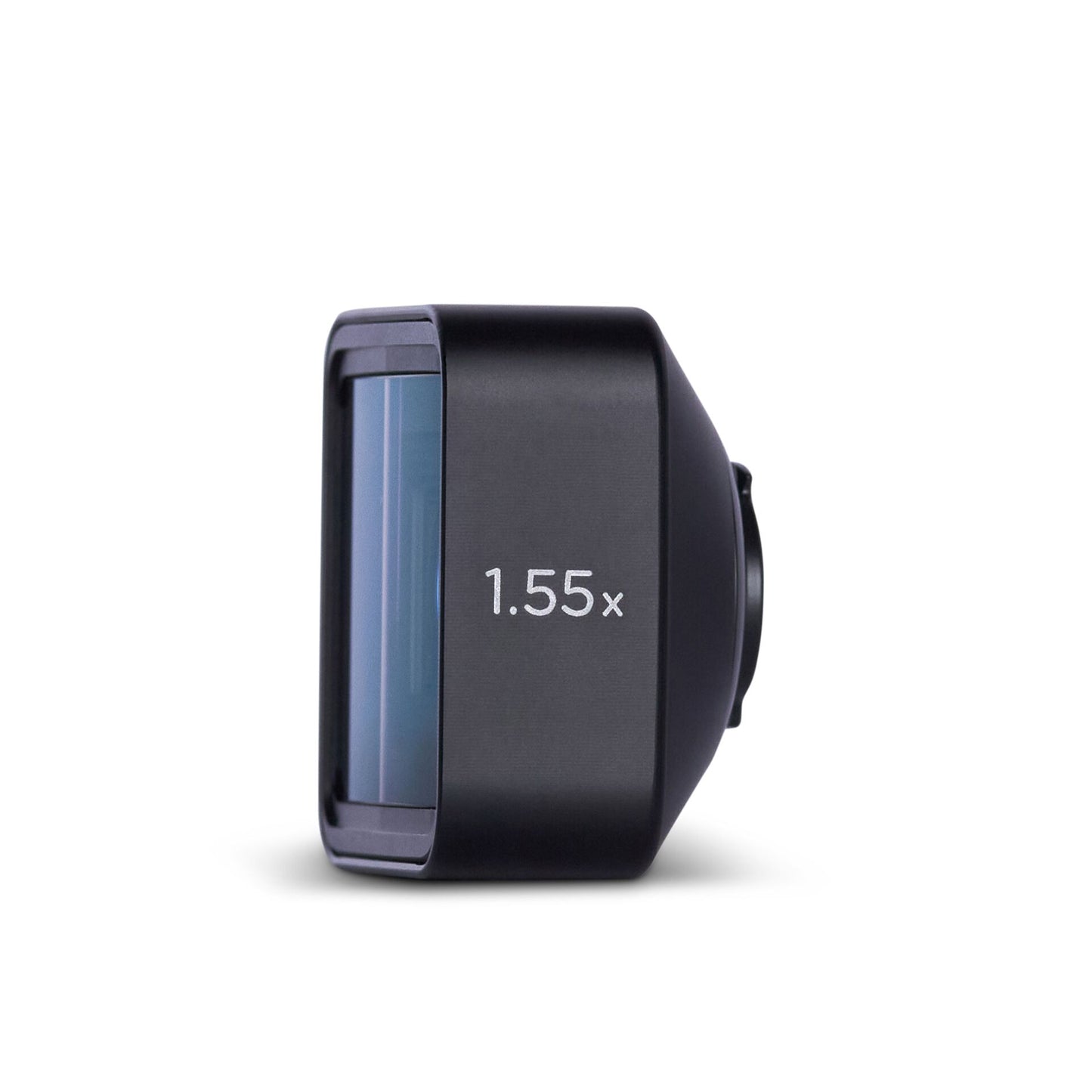 Das MOMENT 1.55x Anamorphotische Objektiv T-Series in der Gold Flare Edition ist als schwarzer Smartphone-Kameraadapter vor weißem Hintergrund abgebildet.