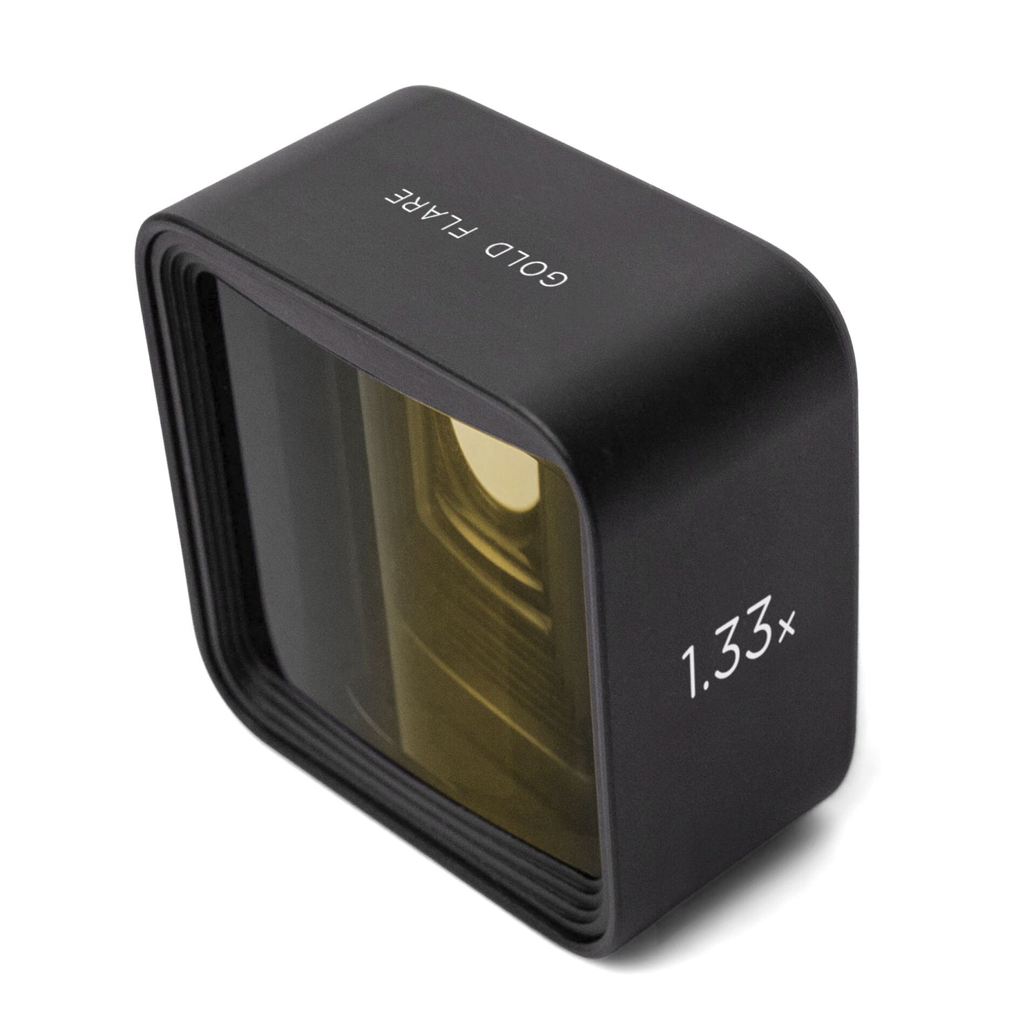 Das MOMENT 1,33x Anamorphot-Objektiv der T-Serie, das am oberen Rand mit GOLD FLARE beschriftet ist, ist ein schwarzes Objektiv, das sich ideal für filmische Smartphone-Setups oder als anamorphotische Linse für das iPhone eignet.