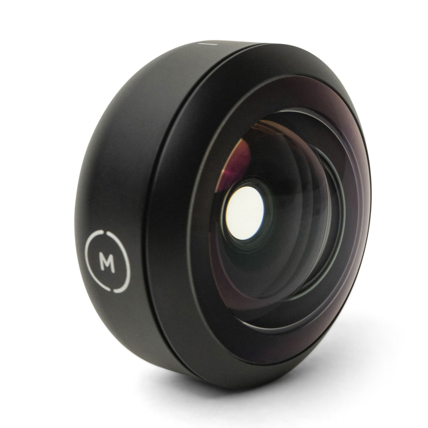 Das MOMENT 14mm Fisheye-Objektiv - T-Serie hat ein schwarzes Äußeres, ein weißes M-Logo und bietet ultraweite Fisheye-Ansichten - perfekt als iPhone-Kamera-Zubehör.
