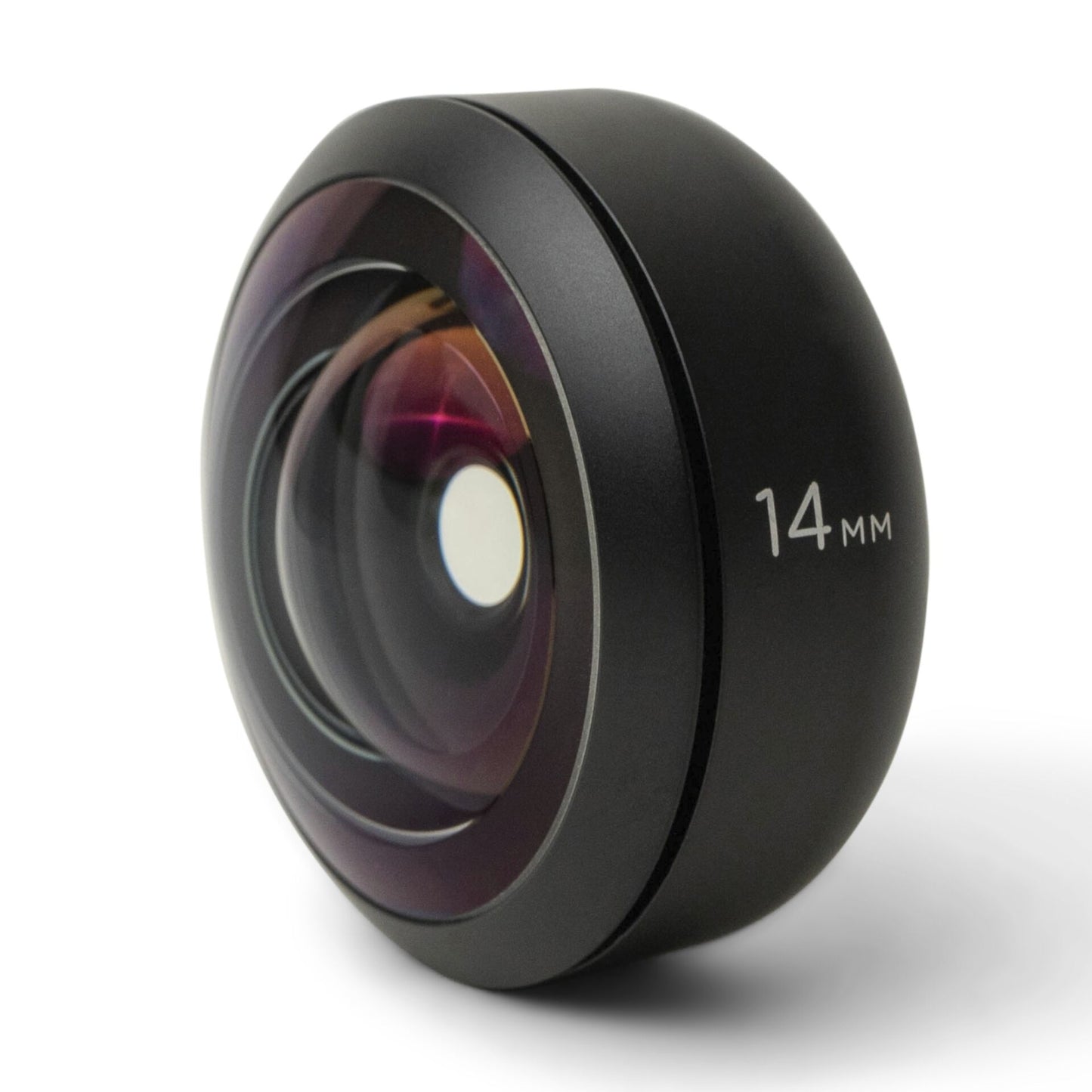 Das MOMENT 14mm Fisheye Objektiv - T-Serie ist ein Weitwinkelobjektiv, perfekt als iPhone Kamera Zubehör oder für die Kombination mit einem Moment Objektiv, abgebildet vor einem weißen Hintergrund.