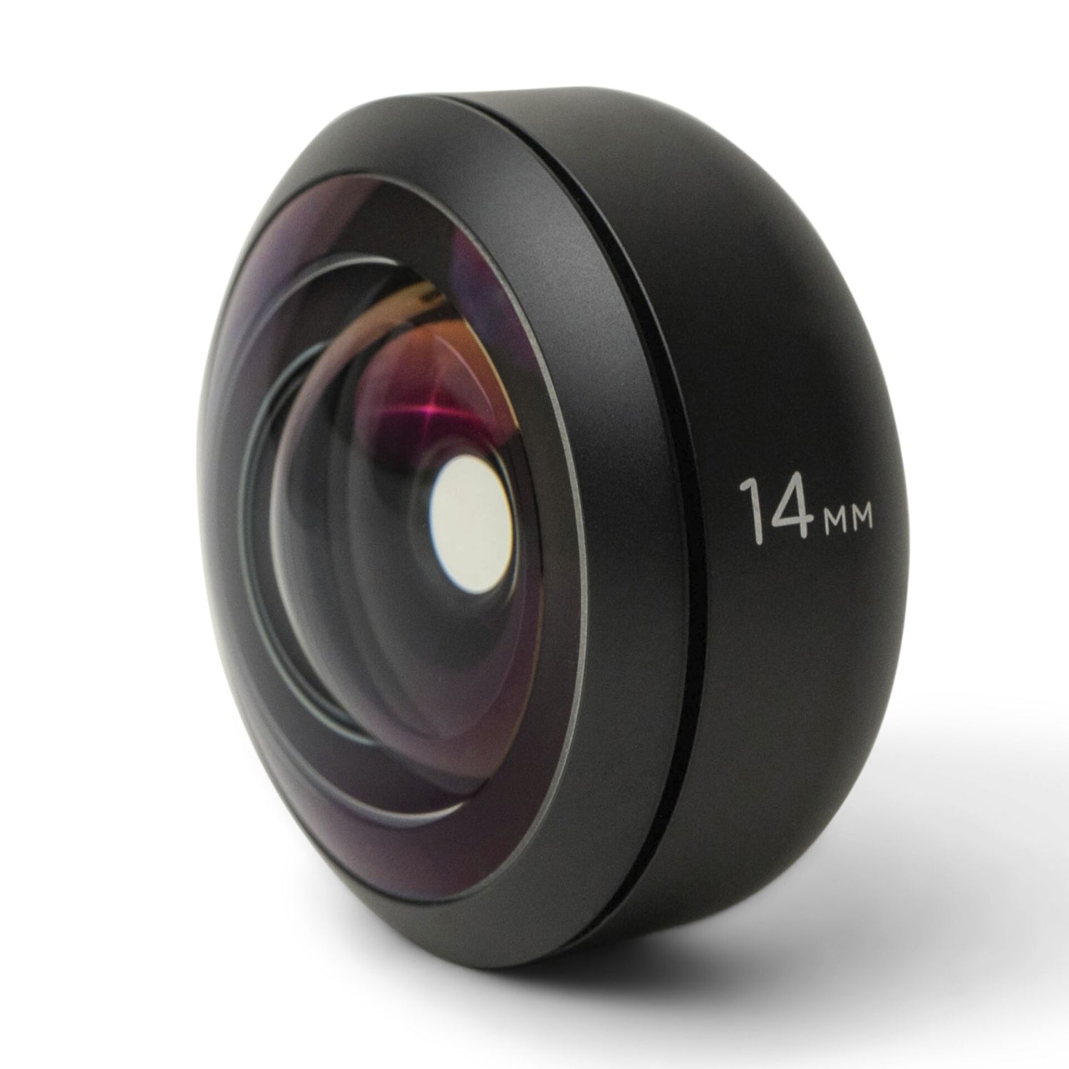 Das MOMENT 14mm Fisheye Objektiv - T-Serie ist ein Weitwinkelobjektiv, perfekt als iPhone Kamera Zubehör oder für die Kombination mit einem Moment Objektiv, abgebildet vor einem weißen Hintergrund.