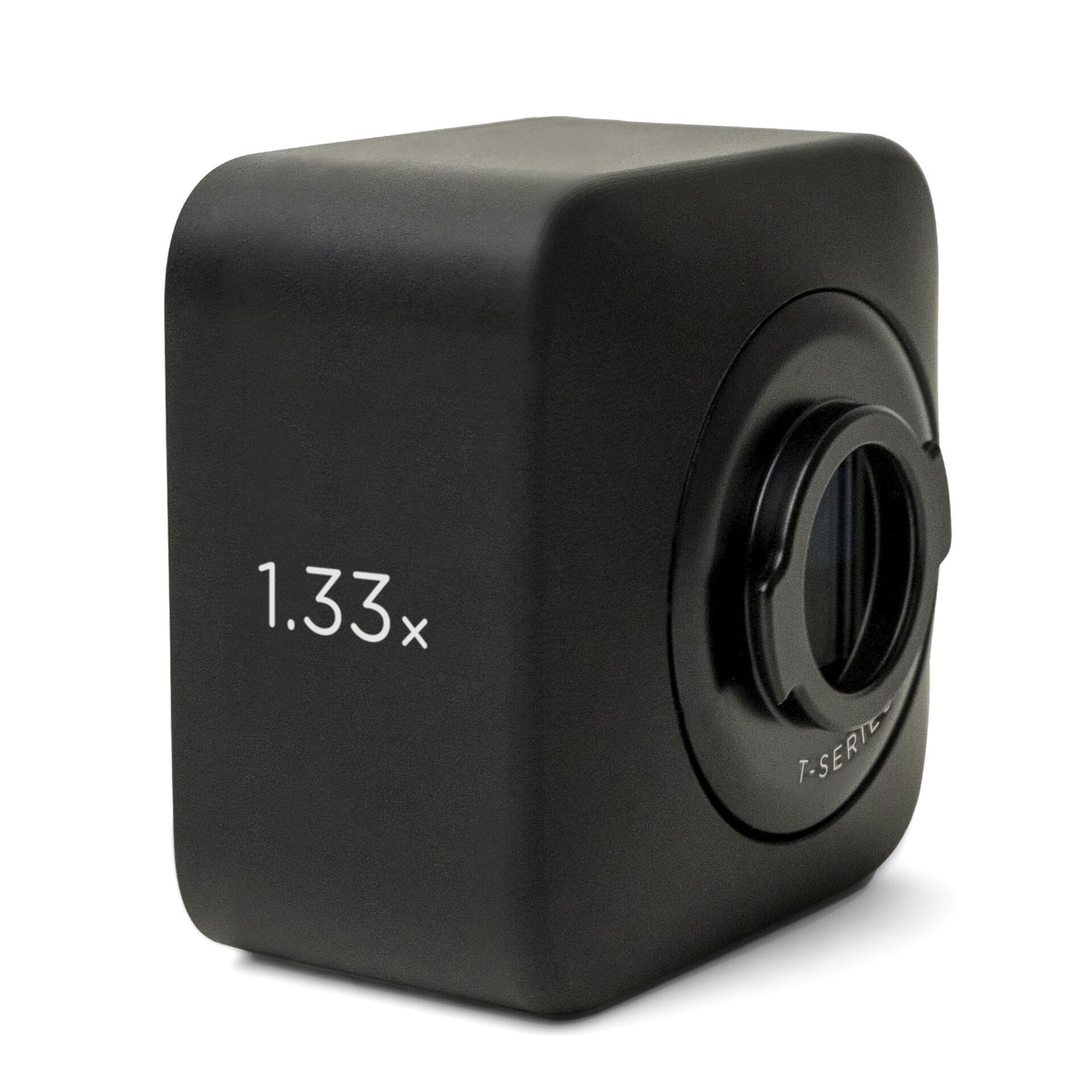 Das MOMENT 1.33x Anamorphic Lens T-Series ist ein schwarzes, rechteckiges Objektiv mit dem Schriftzug "T-SERIES", das für das Filmen mit dem Smartphone entwickelt wurde und sich perfekt als Zubehör für die anamorphotische Linse des iPhones eignet (Abbildung von vorne).