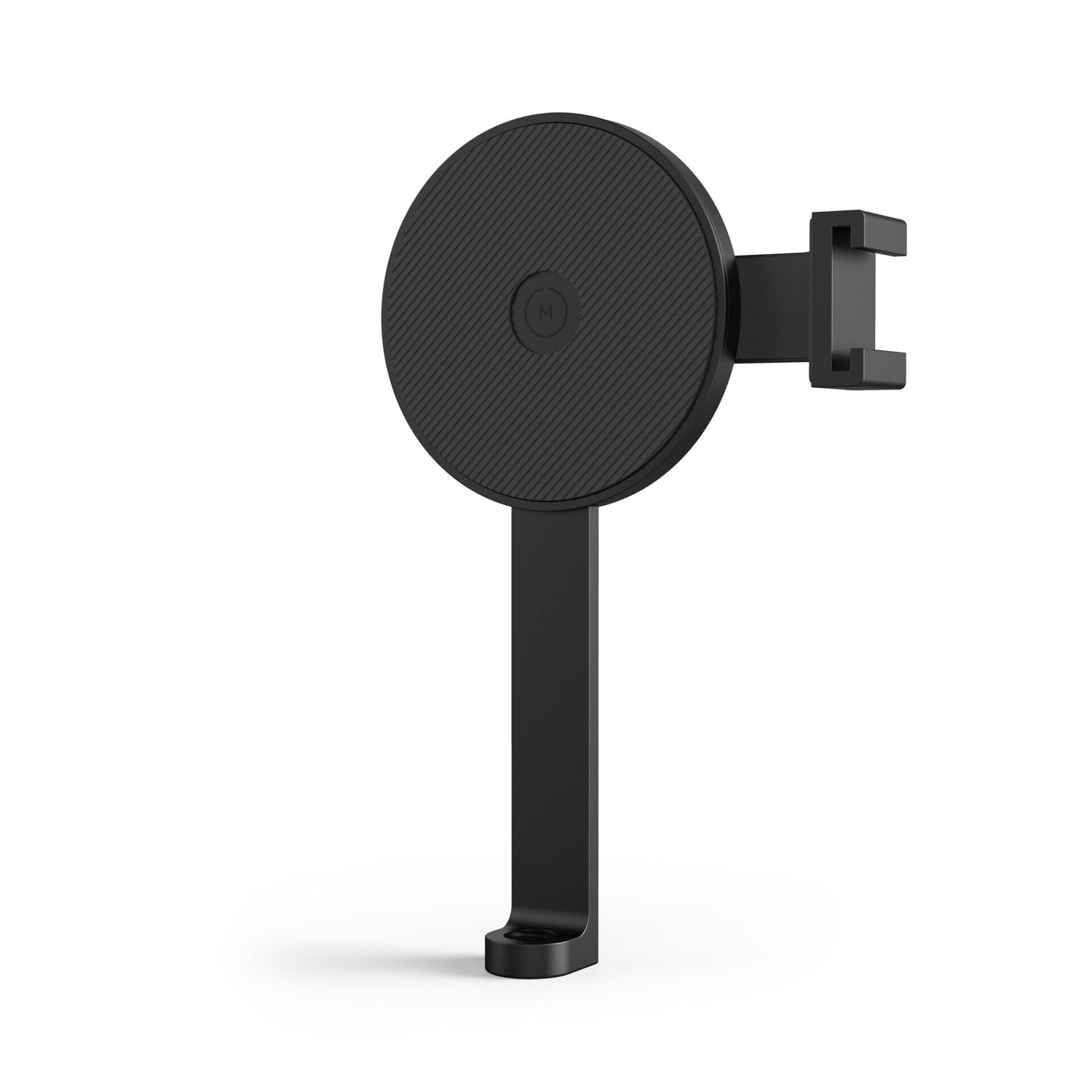 Schwarze runde Wandhalterung mit verlängertem Arm und Halterung, ideal als MOMENT Pro Stativhalterung für MagSafe oder MagSafe Stativ Adapter-perfektes iPhone Fotografie Zubehör, isoliert auf weißem Hintergrund.