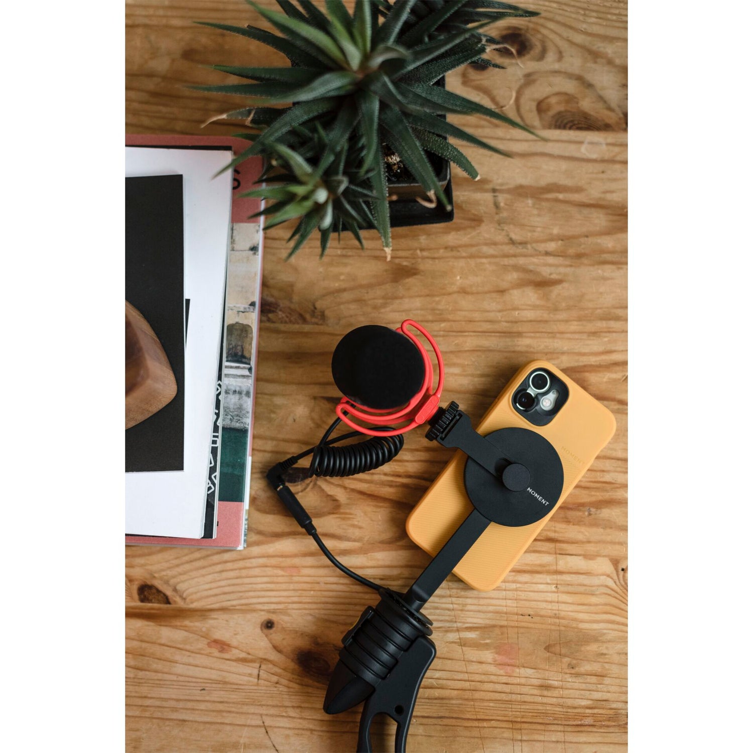 Ein Smartphone, ein Mikrofon und Bücher auf einem Holztisch mit einer Topfpflanze neben dem MOMENT Pro Tripod Mount für MagSafe-ideales iPhone Fotografie Zubehör.