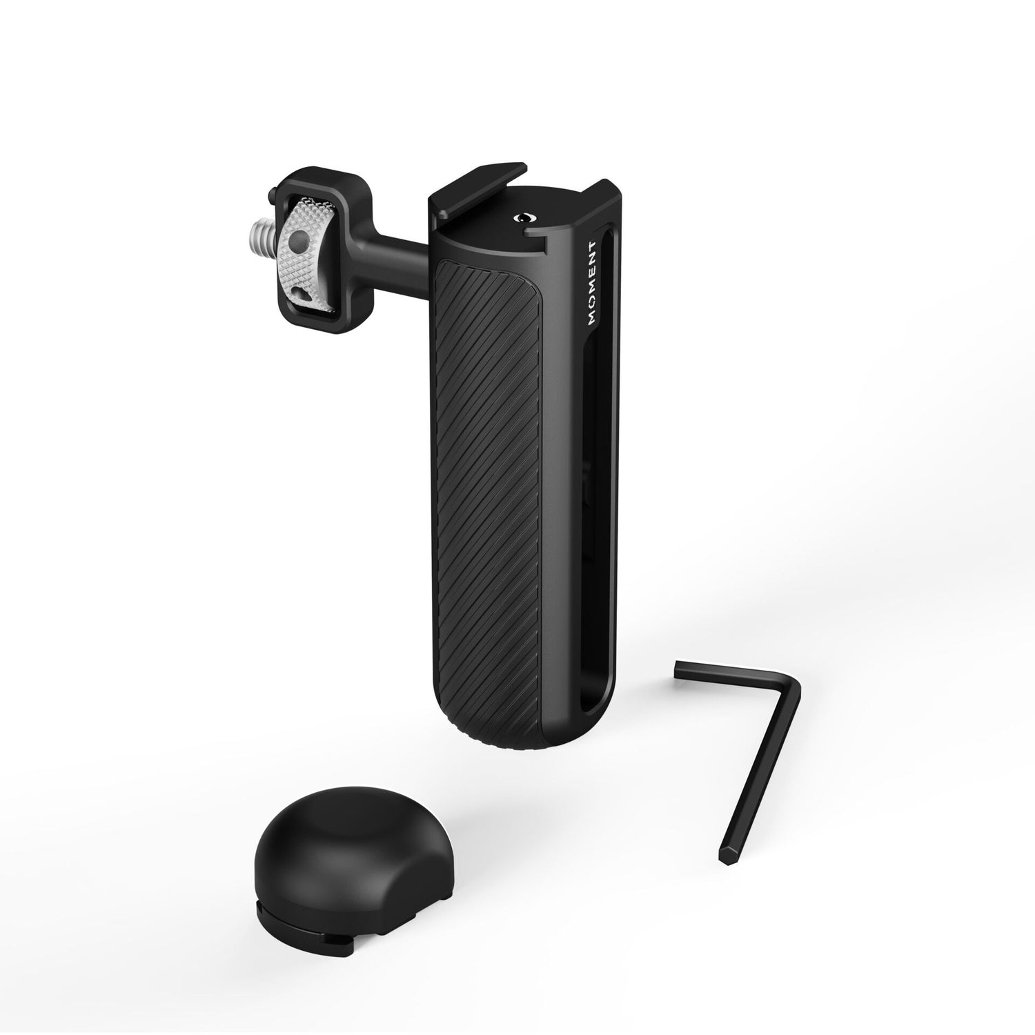 Der MOMENT Moment Universal Mobile Grip ist ein schwarzer, handgehaltener Kameragriff mit Schraubbefestigung, Inbusschlüssel und abnehmbarer Kappe - perfekt als iPhone-Griff für die mobile Fotografie oder für Ihr Smartphone-Kamerakäfig-Setup.