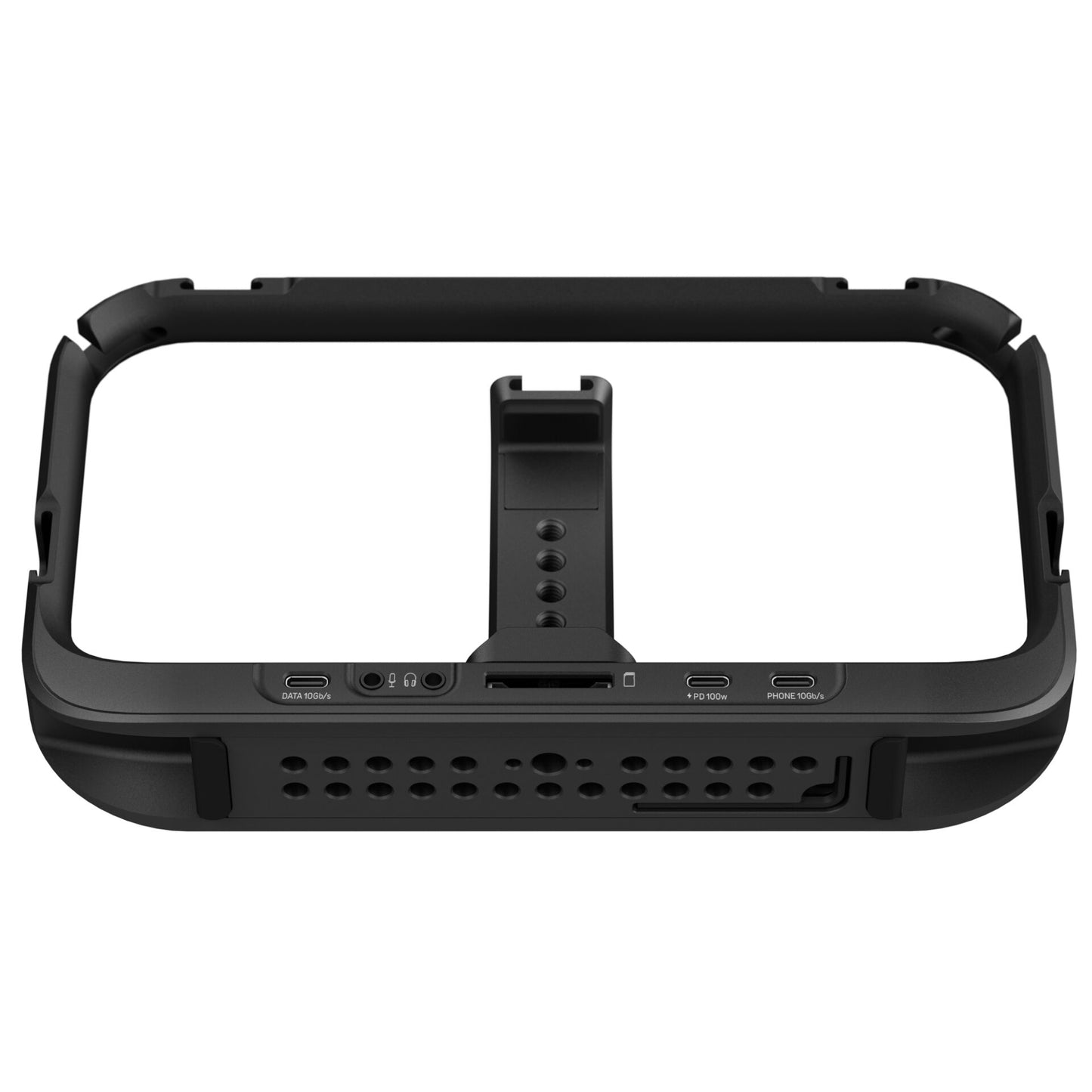 Die MOMENT Moment Supercage mit USB-C Hub ist ein schwarzes, rechteckiges elektronisches Gerät mit USB-C-Anschlüssen, Tasten und einer zentralen Halterung - perfekt für iPhone Filmemacher, die einen Profi-Kamerakäfig oder einen vielseitigen Drehort benötigen.