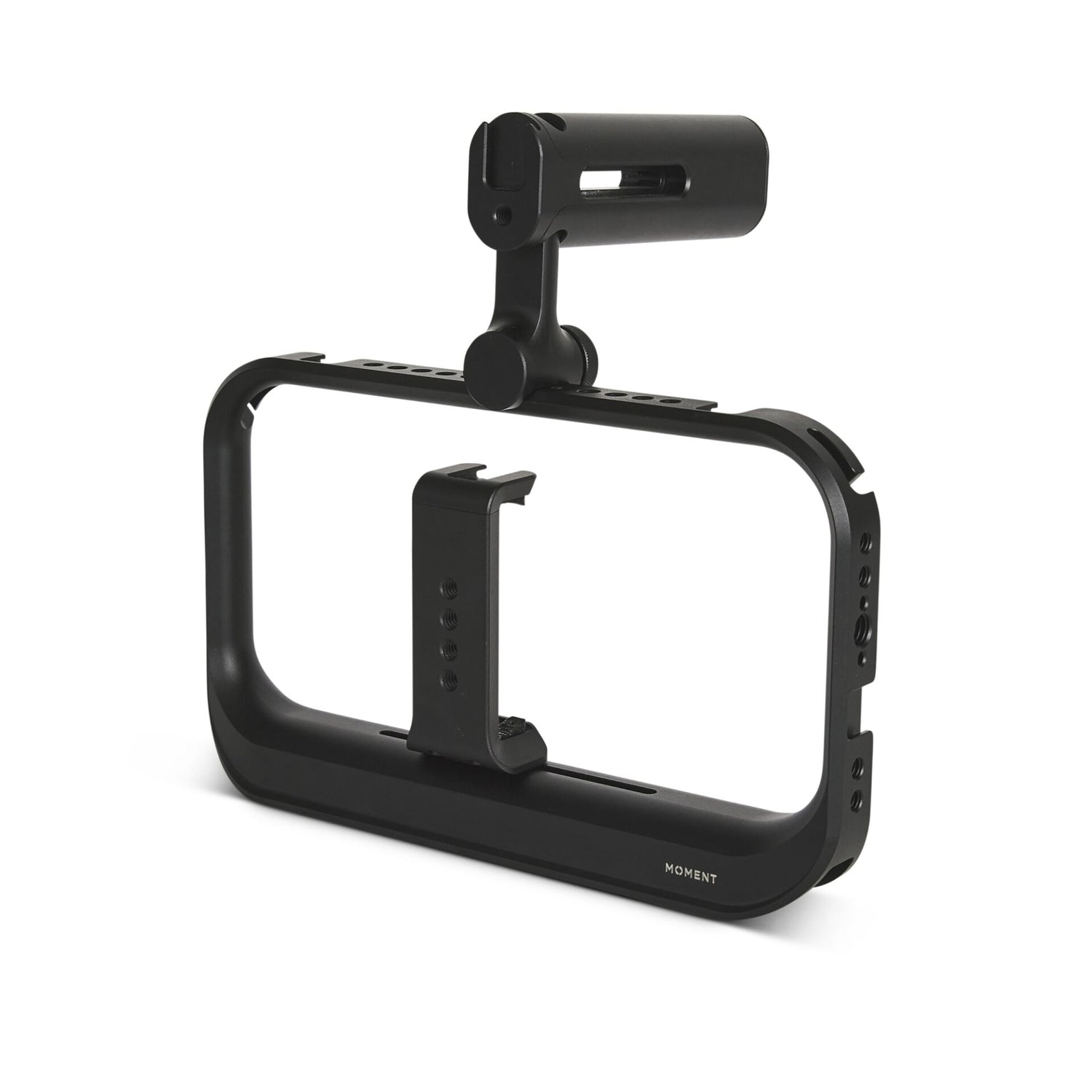 Die MOMENT Moment Supercage mit USB-C Hub ist ein schwarzes Smartphone-Rig mit oberem Griff, entwickelt für stabile Videoaufnahmen - perfekt für iPhone Filmemacher, die ein Profi-Kamerakäfig-Setup wünschen.