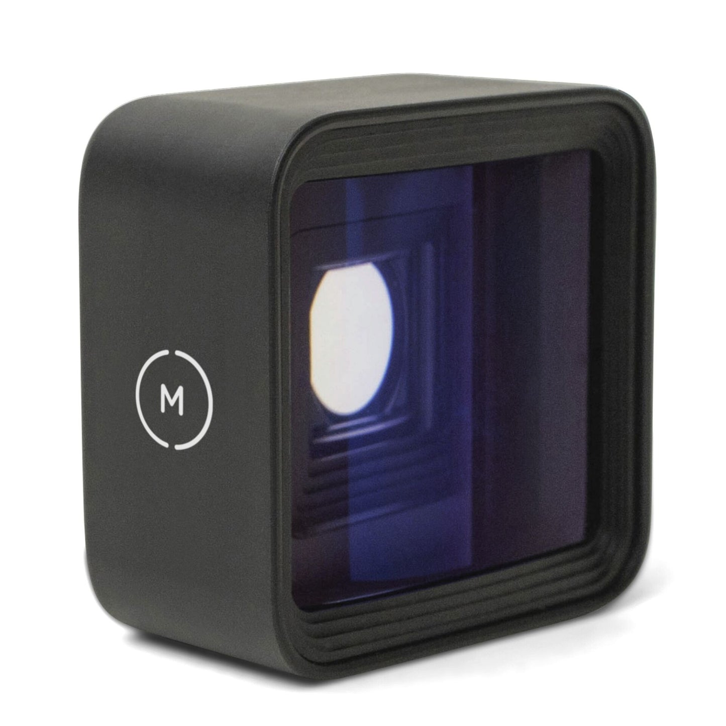 Das MOMENT 1,33x Anamorphot-Objektiv der T-Serie ist ein schwarzer, rechteckiger Kameraaufsatz mit einer spiegelnden Glasfront und einem weißen M-Logo, ideal für das Filmen mit Smartphones.