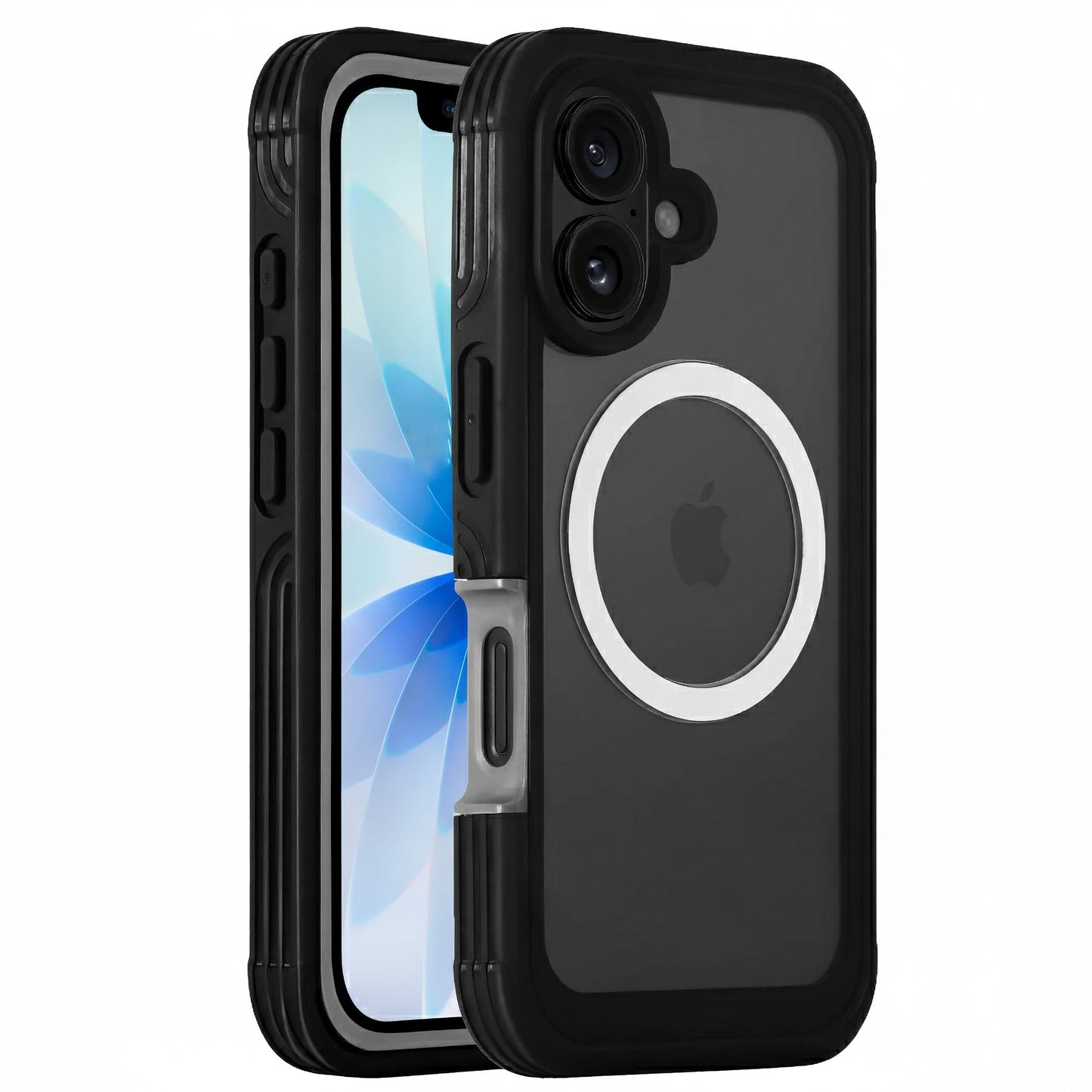 Das arktis iPhone 17 Defender Case ist eine schwarze, robuste Hülle mit MagSafe Ring, die 360° Schutz und Displayschutz bietet, abgebildet auf einem iPhone mit blauem Blumenhintergrund.