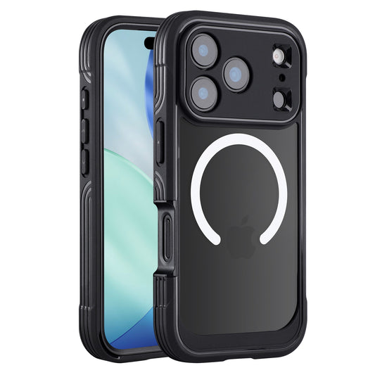 Das arktis iPhone 17 Pro Defender Case ist eine schwarze, robuste Hülle mit MagSafe Ring, die 360° Schutz und Displayschutz bietet, dargestellt an einem Telefon mit blauem und grünem Bildschirm.