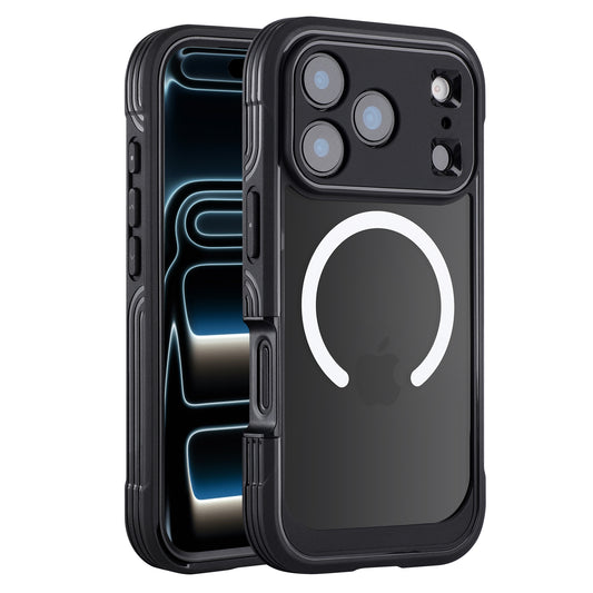 Das arktis iPhone 17 Pro Max Defender Case ist eine schwarze, robuste Hülle mit MagSafe-Ring von arktis, die Displayschutz und 360-Grad-Schutz bietet. Abgebildet sind sowohl die Vorder- als auch die Rückansicht des Telefons in der Hülle.