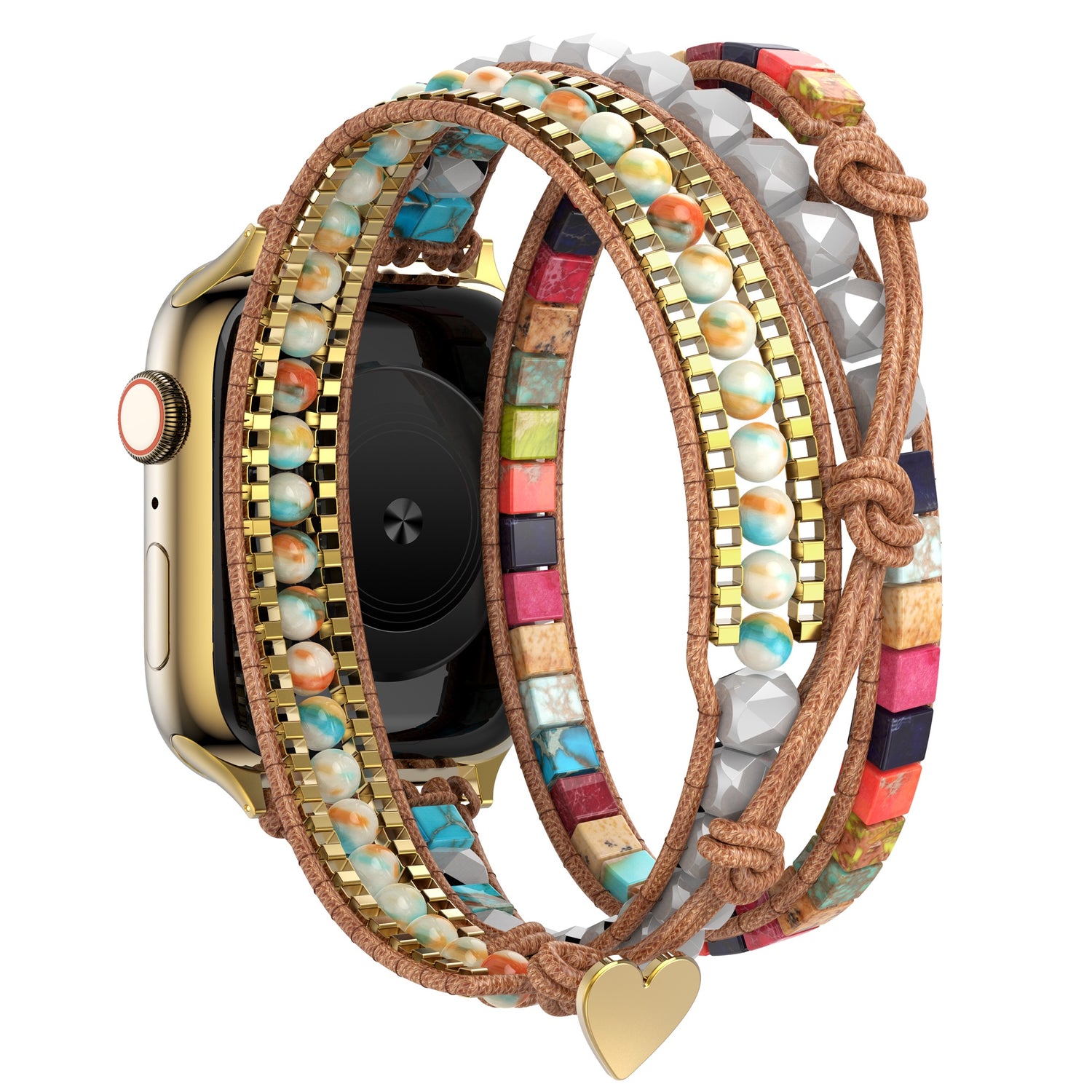 Das arktisband Apple Watch Armband "Dream Catcher" sorgt mit bunten Perlen, Lederbändern, goldenen Akzenten, einem Herzanhänger und einem Edelstahladapter für stilvolles Boho-Flair.