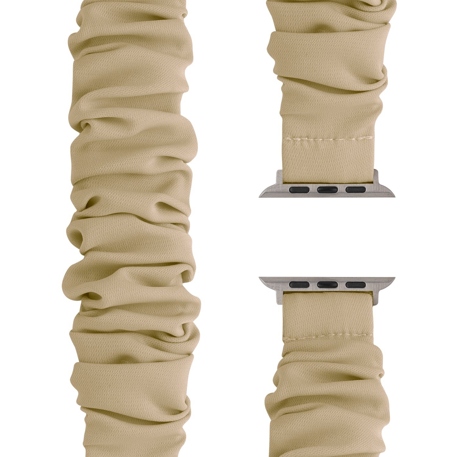 Das arktisband Apple Watch Armband "Elanora" von arktisband ist ein beigefarbenes, scrunchie-artiges Band aus dehnbarem Nylon, das aus verschiedenen Winkeln auf weißem Hintergrund dargestellt wird.