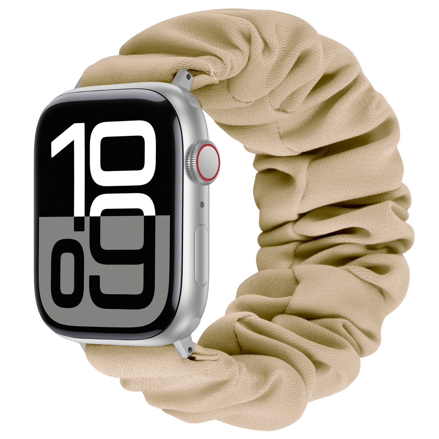 Das arktisband Apple Watch Armband "Elanora" verfügt über ein beigefarbenes, elastisches Band im Stil eines Haargummis für die Apple Watch und zeigt die digitale Uhrzeit auf dem Display an.