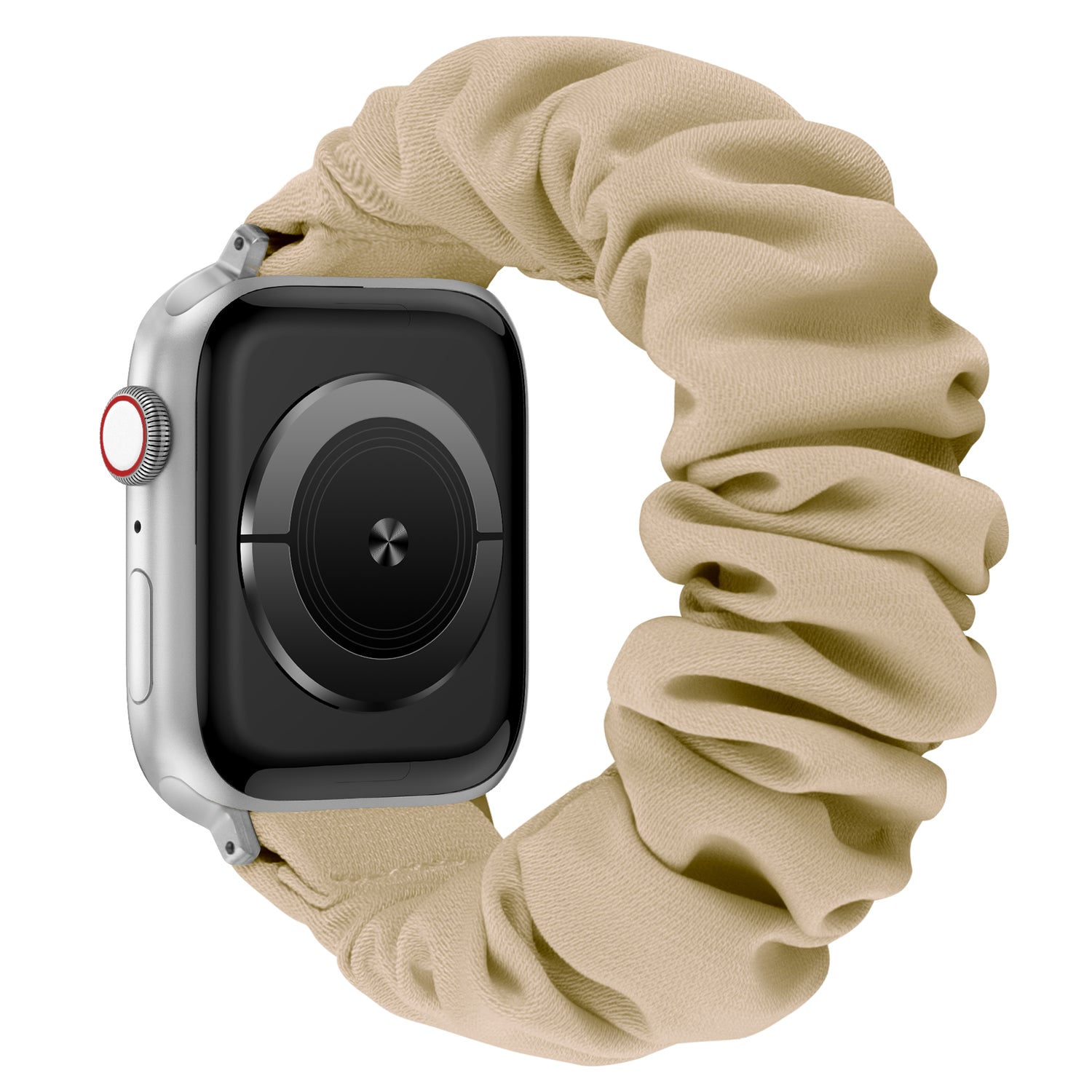Das arktisband Apple Watch Armband "Elanora" hat ein beigefarbenes Band aus dehnbarem Nylon im Scrunchie-Stil, das hier an einer Apple Watch in einem Winkel gezeigt wird.