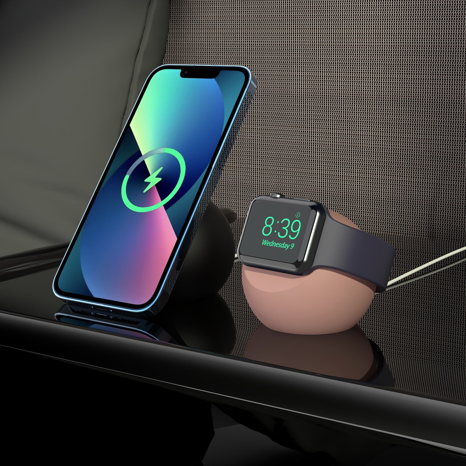 Mit dem Silikon Ladegerät Halter und dem eleganten arktis Apple Watch Orbit Stand von arktis, beide mit kabellosen Ladestationen ausgestattet, werden Smartphone und Smartwatch auf einer glatten schwarzen Oberfläche aufgeladen.