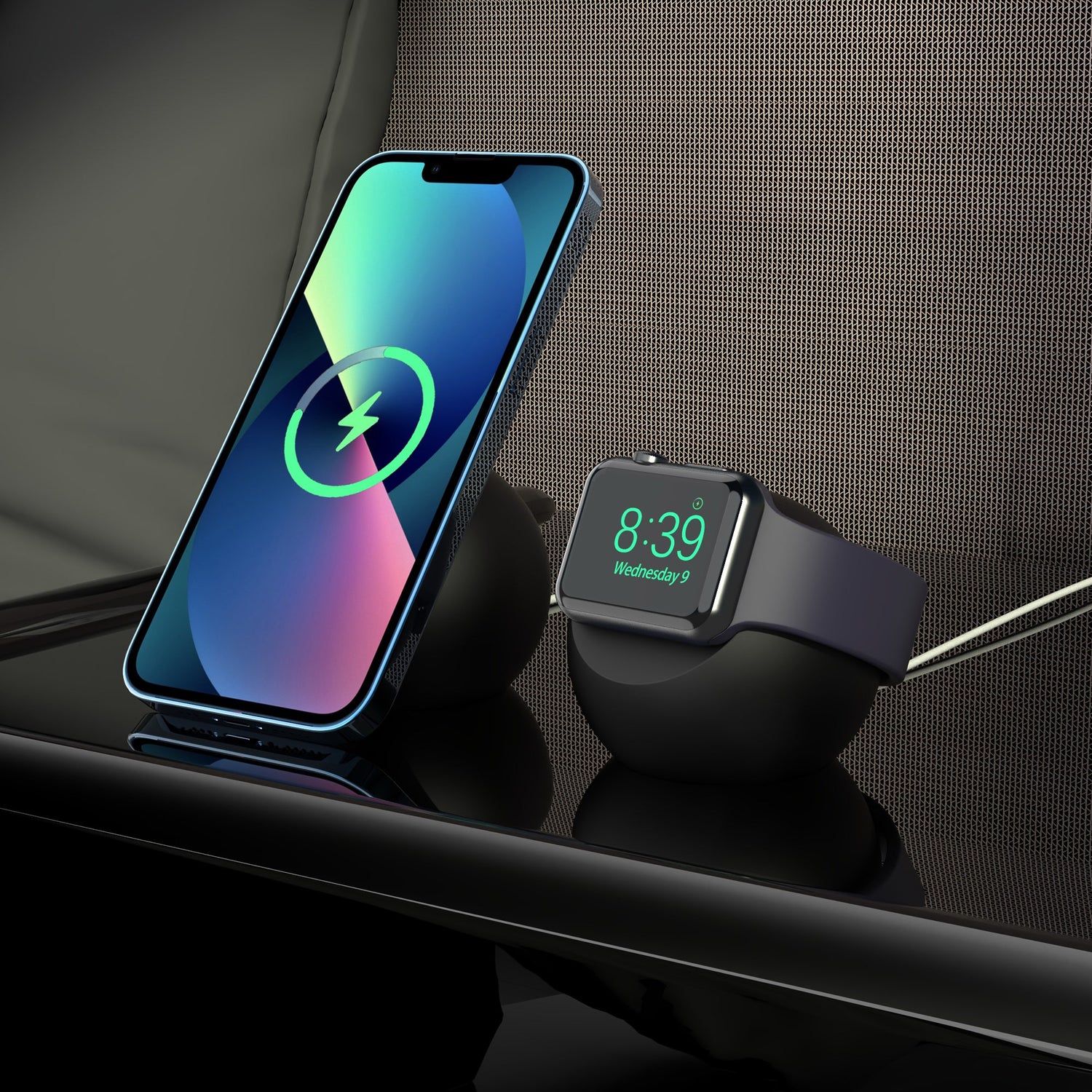 Auf dem arktis Apple Watch Orbit Stand von arktis werden ein Smartphone und eine Smartwatch kabellos auf einer schwarz glänzenden Oberfläche aufgeladen und elegant präsentiert.