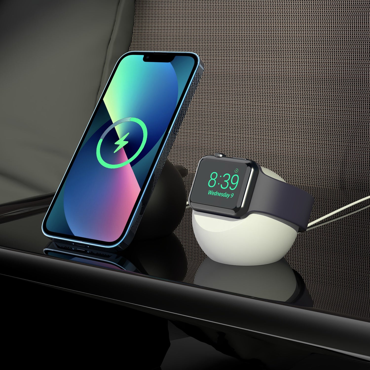 Ein Smartphone und eine Smartwatch werden auf einer eleganten schwarzen Oberfläche mit digitalen Anzeigen aufgeladen, die mit dem arktis Apple Watch Orbit Stand von arktis für zusätzlichen Komfort und Stil ordentlich organisiert sind.