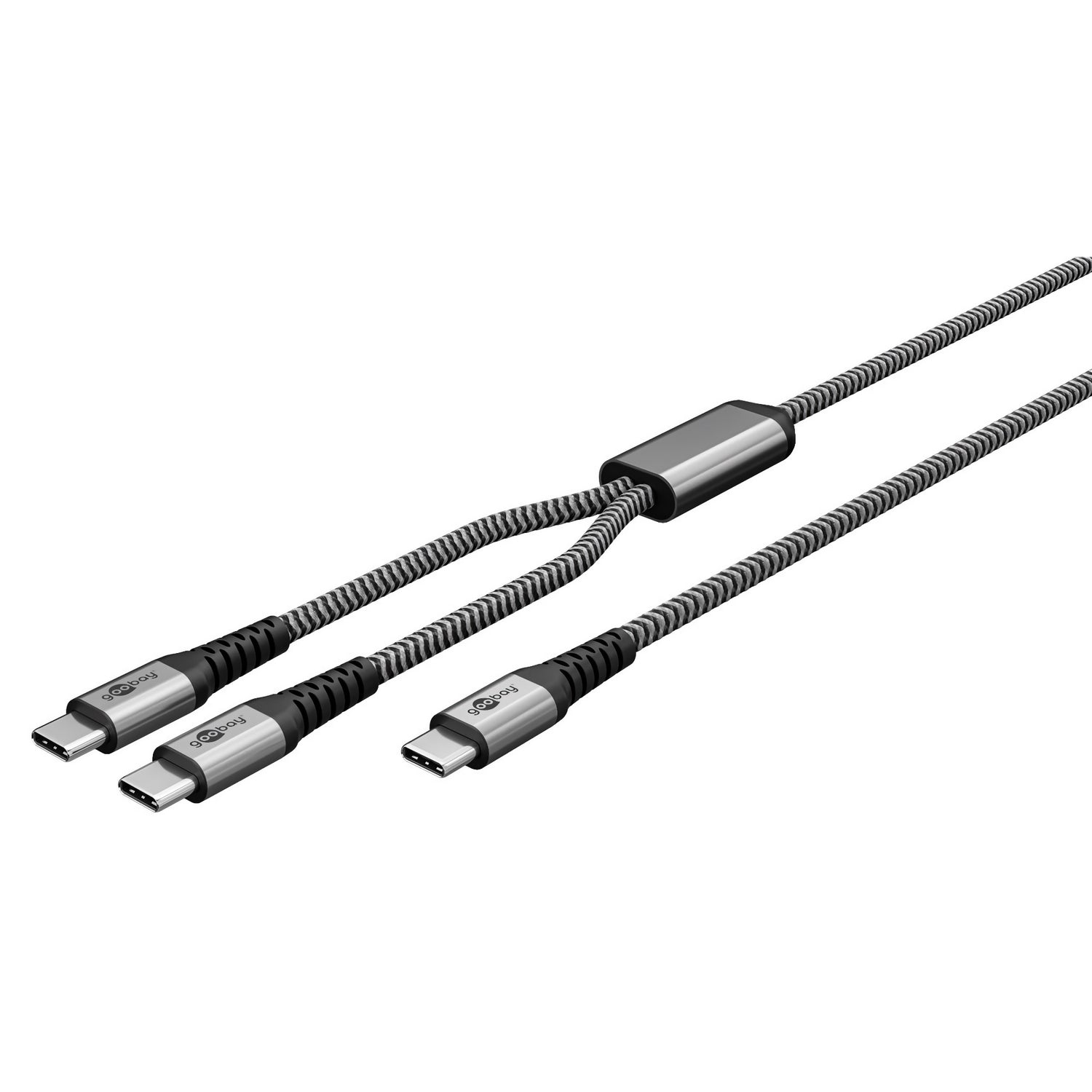 Das goobay Dual USB-C auf USB-C Textilkabel mit Metallsteckern verfügt über zwei Anschlüsse, robuste Enden und ermöglicht schnellen Datentransfer sowie Laden mit bis zu 60 Watt.