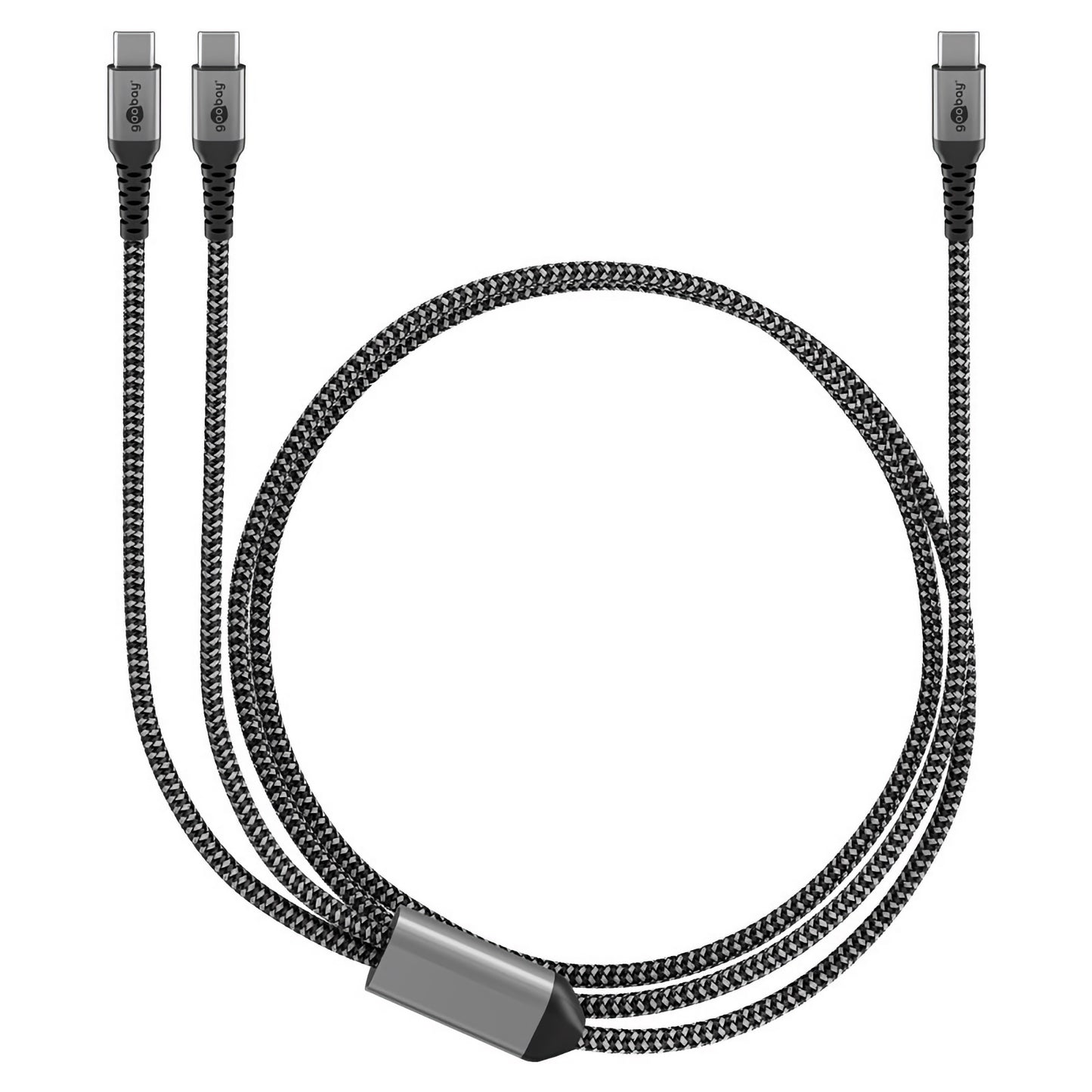 Das goobay Dual USB-C auf USB-C Textilkabel mit Metallsteckern ist ein schwarzes, geflochtenes Kabel, das sich an einem Ende in zwei USB-C-Anschlüsse aufteilt und 60 Watt Laden sowie High-Speed-Datenübertragung unterstützt.