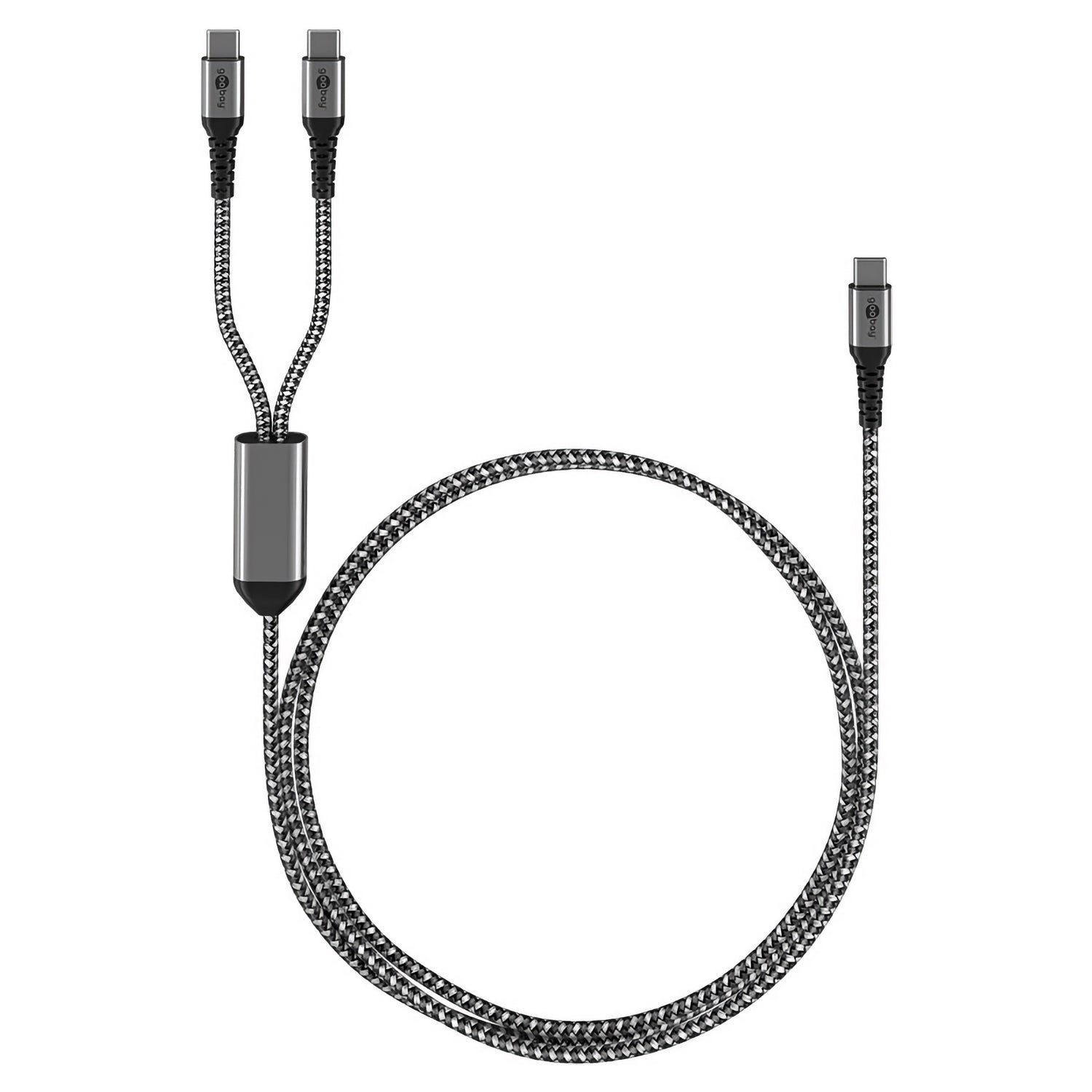 Das goobay Dual USB-C auf USB-C Textilkabel mit Metallsteckern bietet 60 W Ladeleistung, Hi-Speed-Datentransfer und einen Ausgang mit zwei USB-C-Anschlüssen.