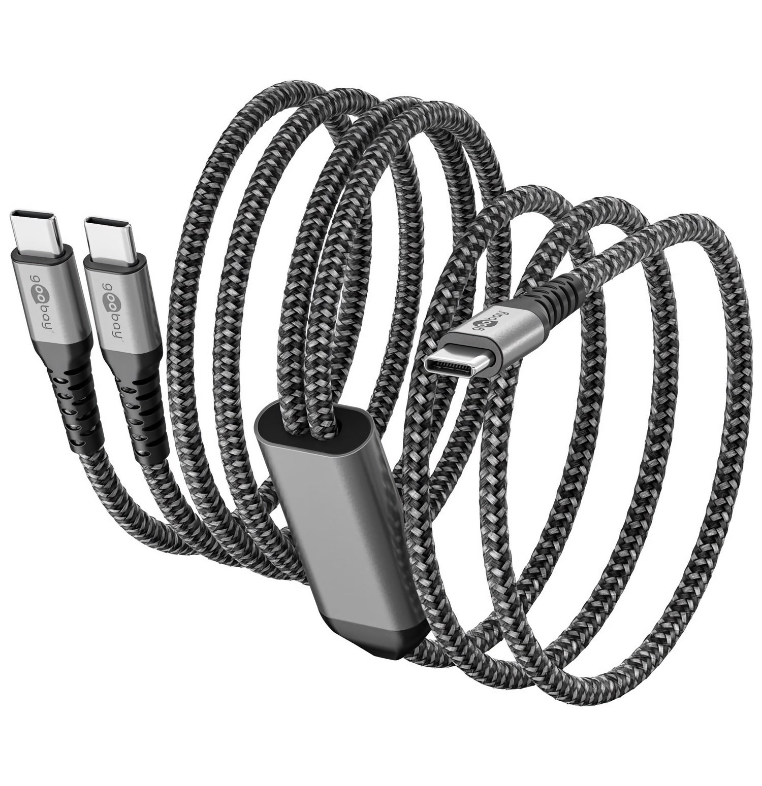 Das goobay Dual USB-C auf USB-C Textilkabel mit Metallsteckern bietet zwei USB-C- und einen Lightning-Anschluss, unterstützt 60 Watt Ladeleistung sowie Hi-Speed-Datentransfer.